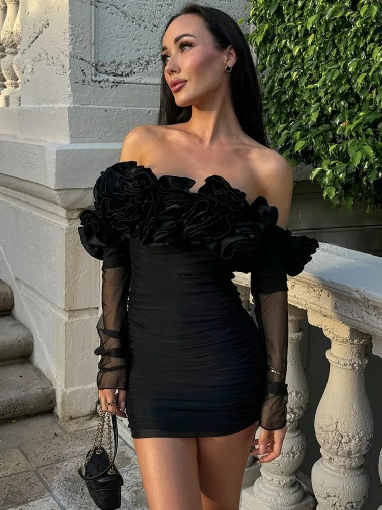 Sexy Off Shoulder Mesh Ruched Black Flower Mini Bodycon Dress for Women - 2024 Fall Fashion Elegant Evening Club Party Dress - Perfect for Night Out, Date Night & Special Occasions