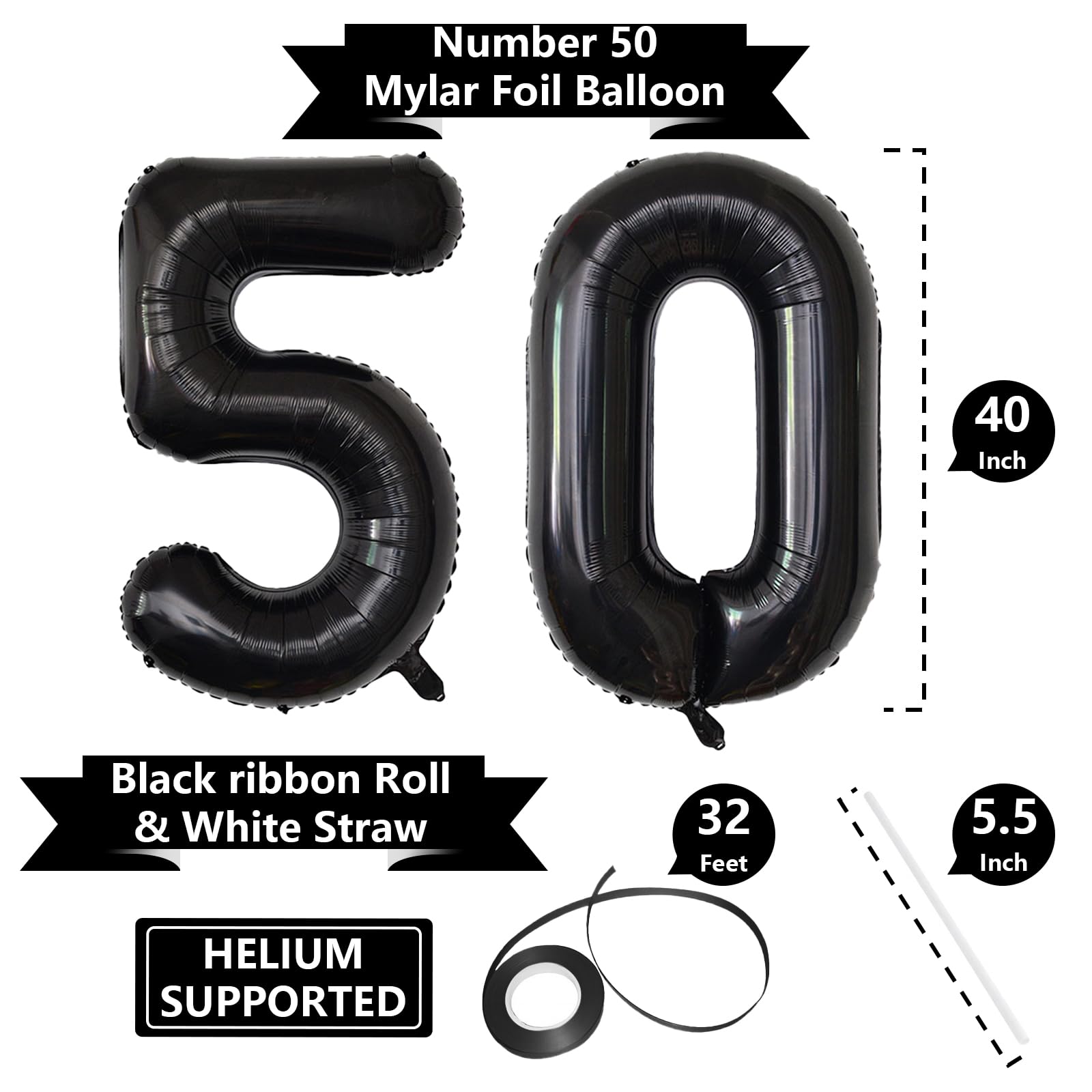 40 Inch Black 50 Number Balloons - Giant Jumbo Helium Mylar Foil Birthday Decorations for 50th Birthday, Anniversary Party Supplies - Perfect for Milestone Celebrations, Photo Backdrops & Event Decor