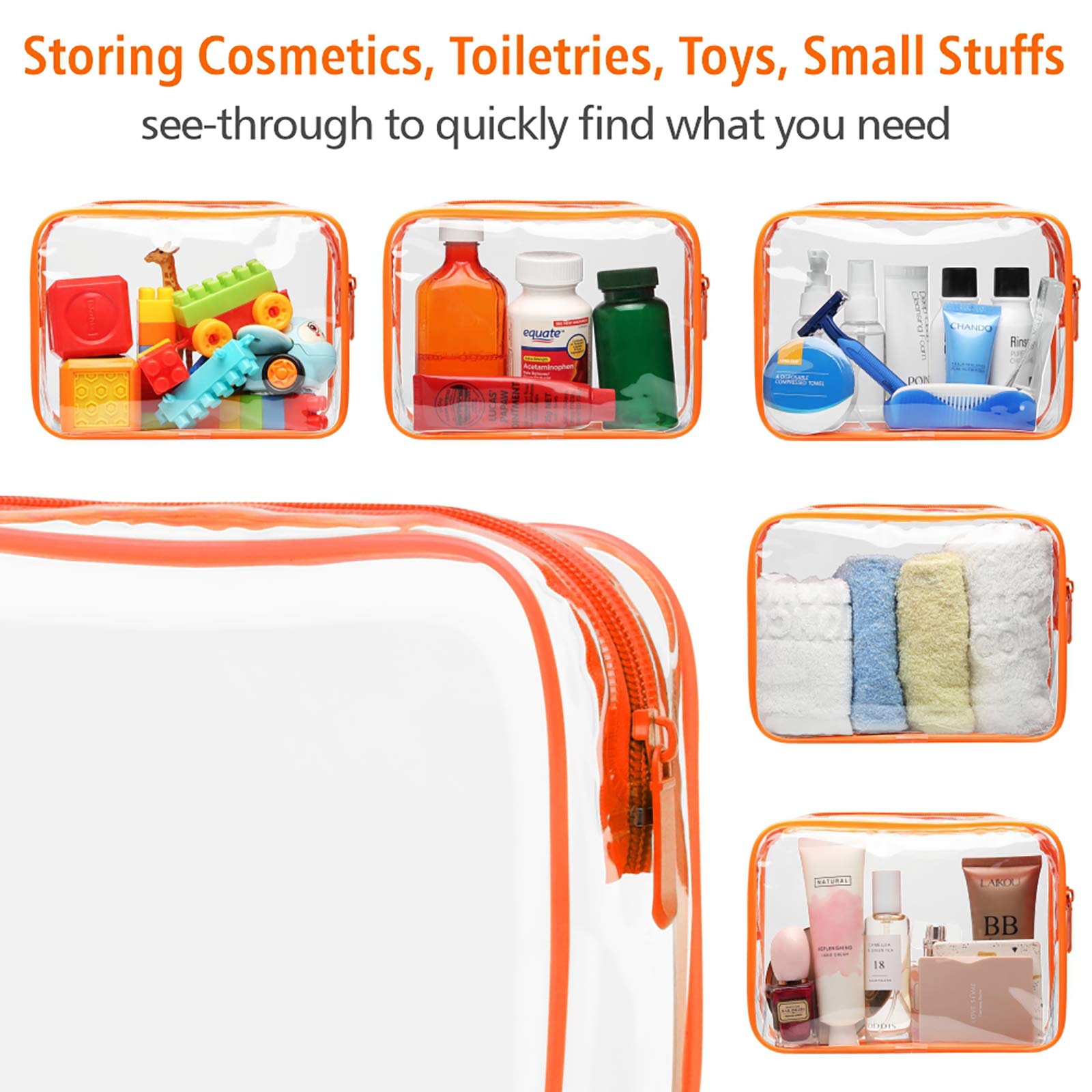PACKISM Clear Makeup Bag with Zipper - 3 Pack TSA Approved Travel Toiletry Bags for Cosmetics & Essentials | Quart Size Carry-On Compliant for Airports & Airlines | Perfect for Travel, Gym & Daily Organization (Orange)