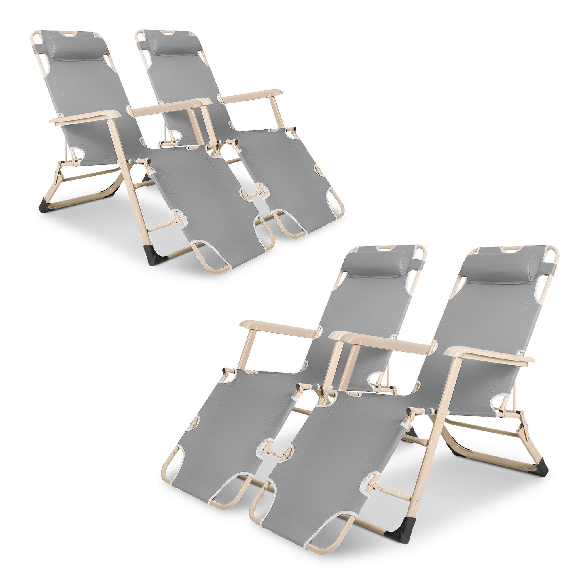 4-Pack Lightweight Folding Chaise Lounge Chairs for Outdoor Patio - Adjustable Recliner with Footrest & Removable Pillow, Grey - Perfect for Poolside, Beach, Backyard Relaxation and Sunbathing