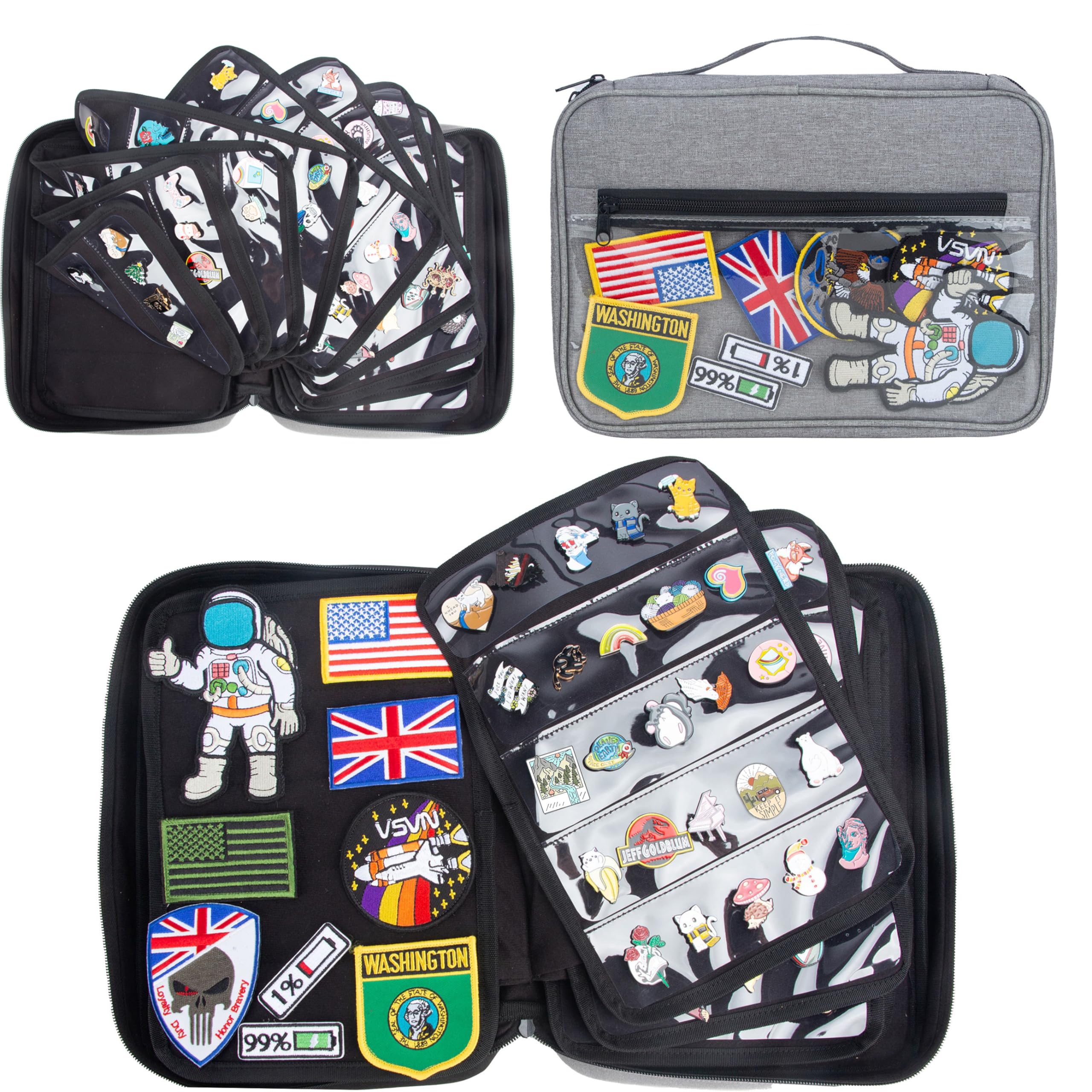 Premium Large Travel Brooch Pin Organizer Case - Holds 250 Enamel Pins, Lapel Pins with 10 Display Pages & 2 Zipper Pockets - Portable Pin Storage Solution for Collectors (Grey) | Perfect for Travel, Trade Shows & Pin Collection Display