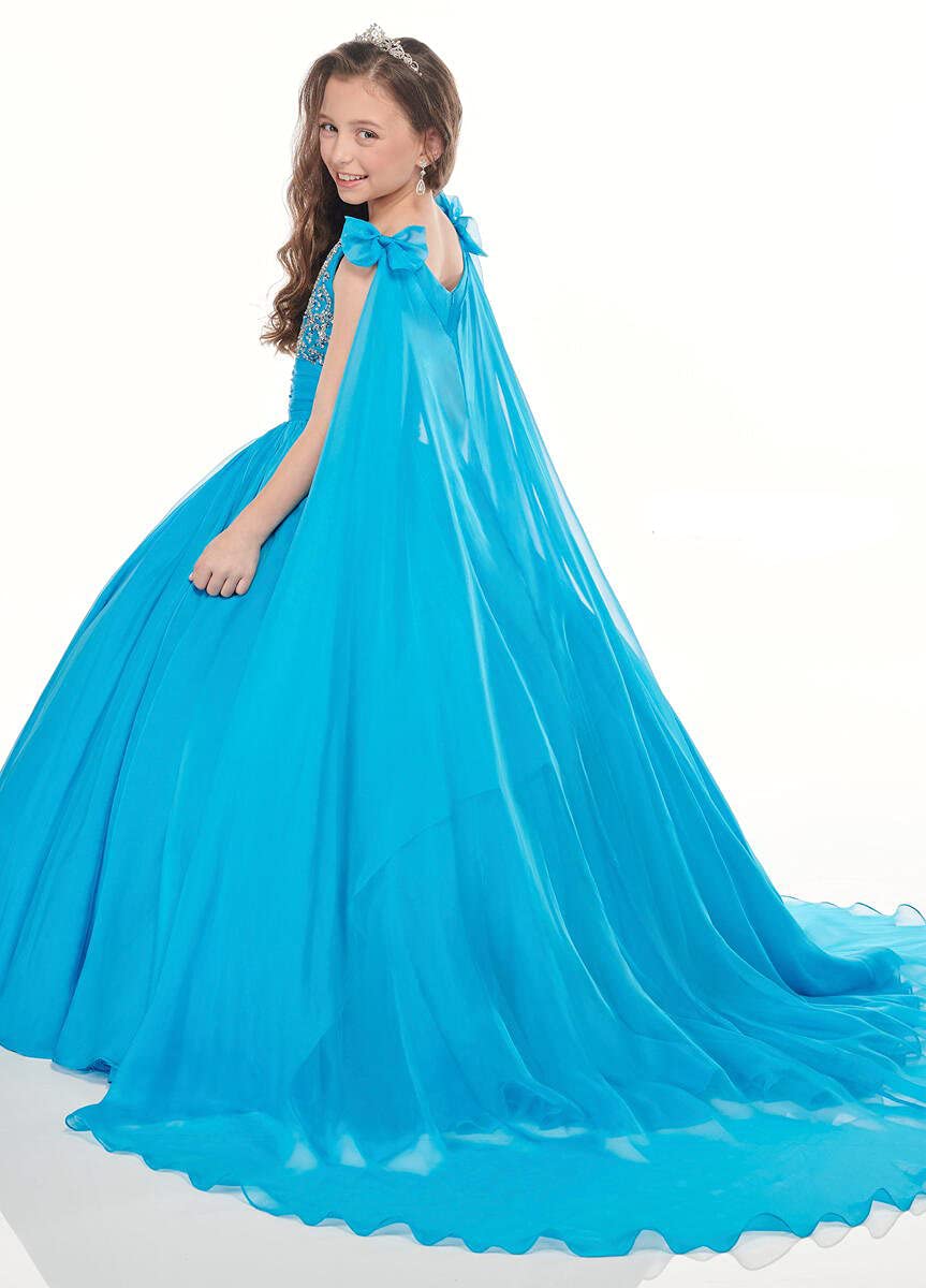 Elegant V-Neck Chiffon Pageant Dress for Girls - Princess Birthday Party Gown with Flowy Cape - Formal Ball Dress in Aqua Blue (Size 12) | Perfect for Pageants, Quinceañeras, Prom & Special Occasions