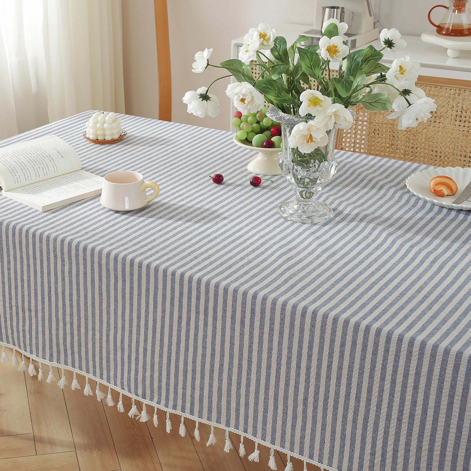 Meioro Blue and White Striped Tablecloth with Tassels - Premium Cotton Linen Dust-Proof Table Cover for Dining, Coffee, Buffet, Kitchen, Picnic Tables - Perfect for Parties, Weddings & Outdoor Events (Blue)