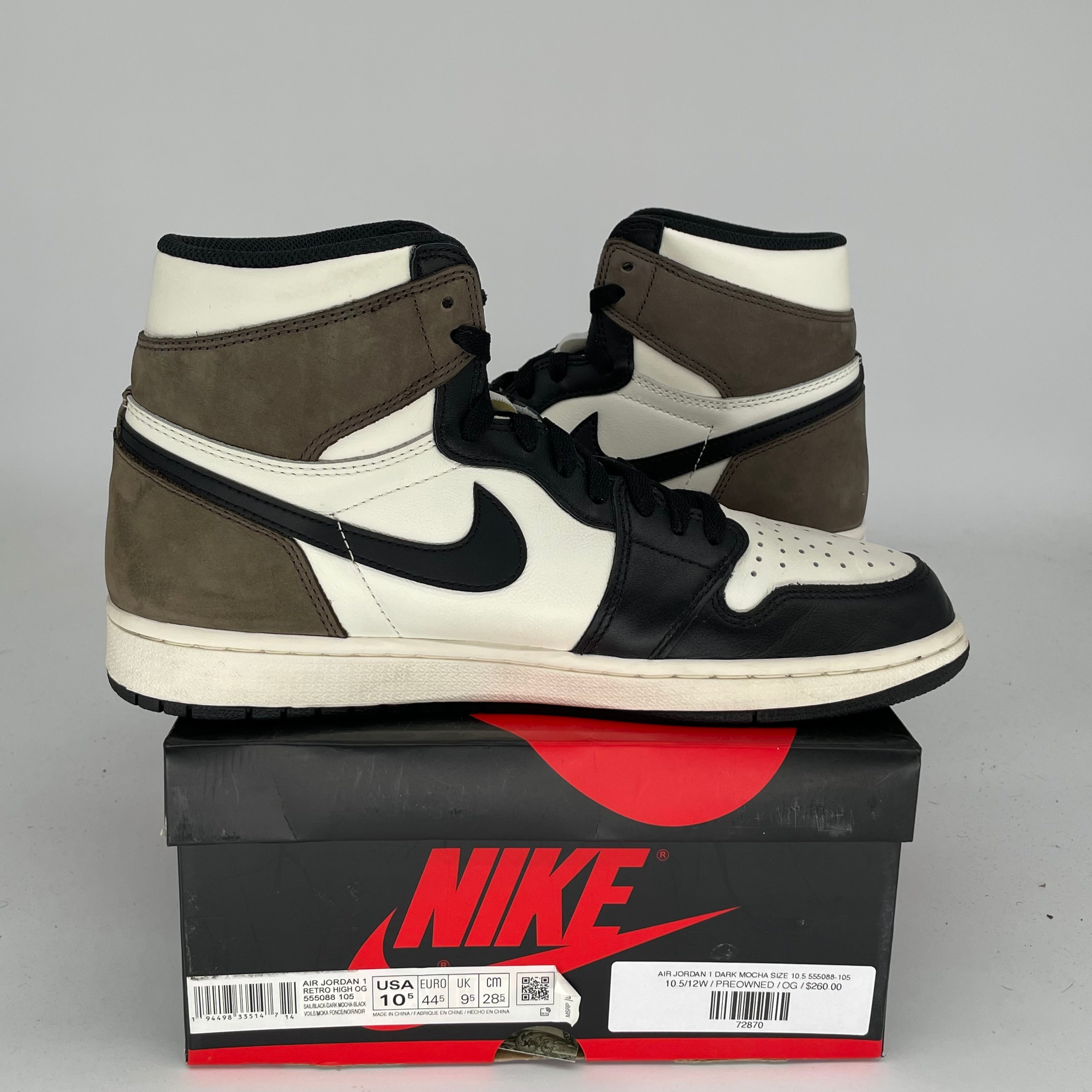 AIR JORDAN 1 DARK MOCHA Sneakers - Men's Size 10.5 (555088-105) - Retro High OG Basketball Shoes for Streetwear & Casual Style