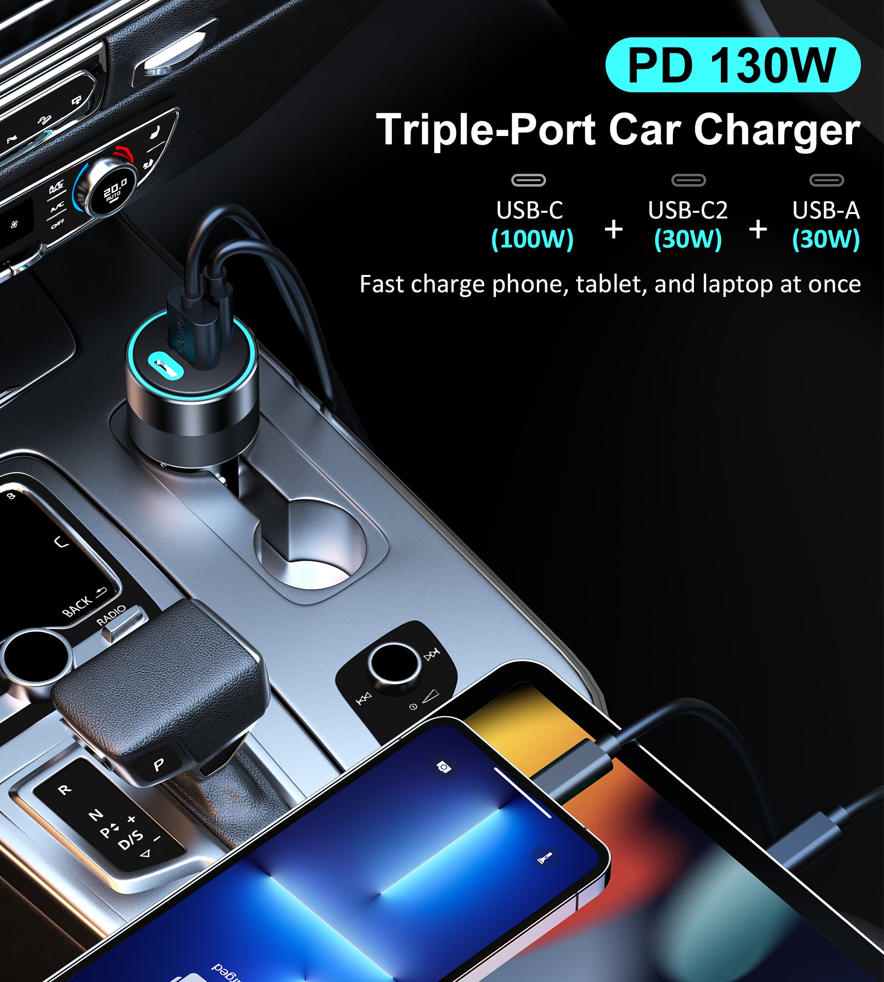 Choetech 130W Fast Car Charger with Dual USB-C & USB-A Ports - Black | High-Speed Charging for iPhone, Android, Samsung in Car, Truck, RV