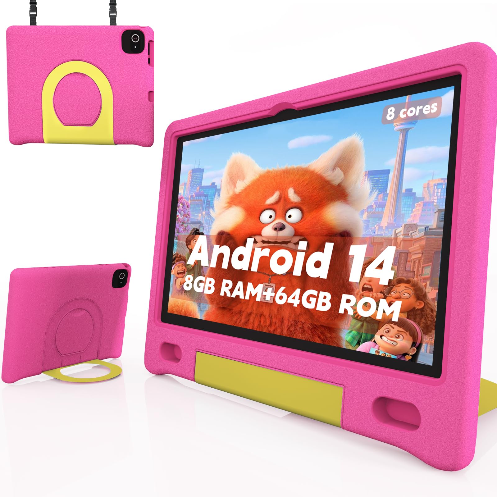 10 Inch Kids Tablet with Strap & Protective Case - Android 14 Octa-Core 64GB/1TB Expandable - Bluetooth WiFi Dual Camera 12-Hour Battery - Parental Control Toddler Learning Tablet for Home & Travel Use