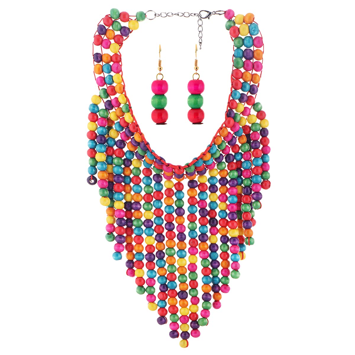 Bohemian Ethnic Wood Bead Waterfall Necklace - Exaggerated Multilayer Tassel Dangle Colorful Wooden Beaded Wrap Bib Necklace for Women & Girls | Perfect for Festivals, Beach Parties and Boho Fashion Accessories