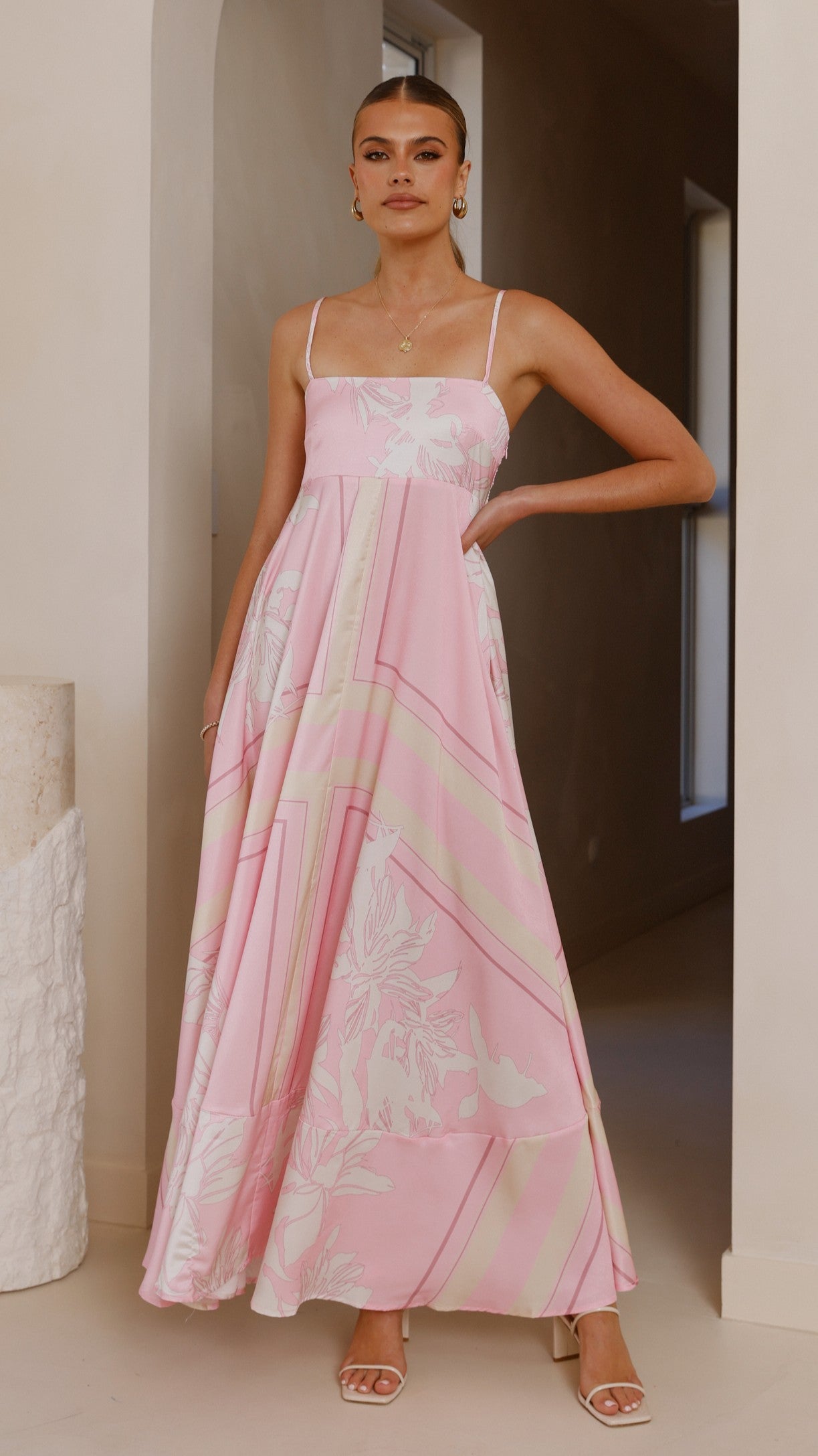Kaethe Maxi Dress for Women - Flowy Pink & White Summer Long Dress | Perfect for Beach, Vacation & Casual Outings