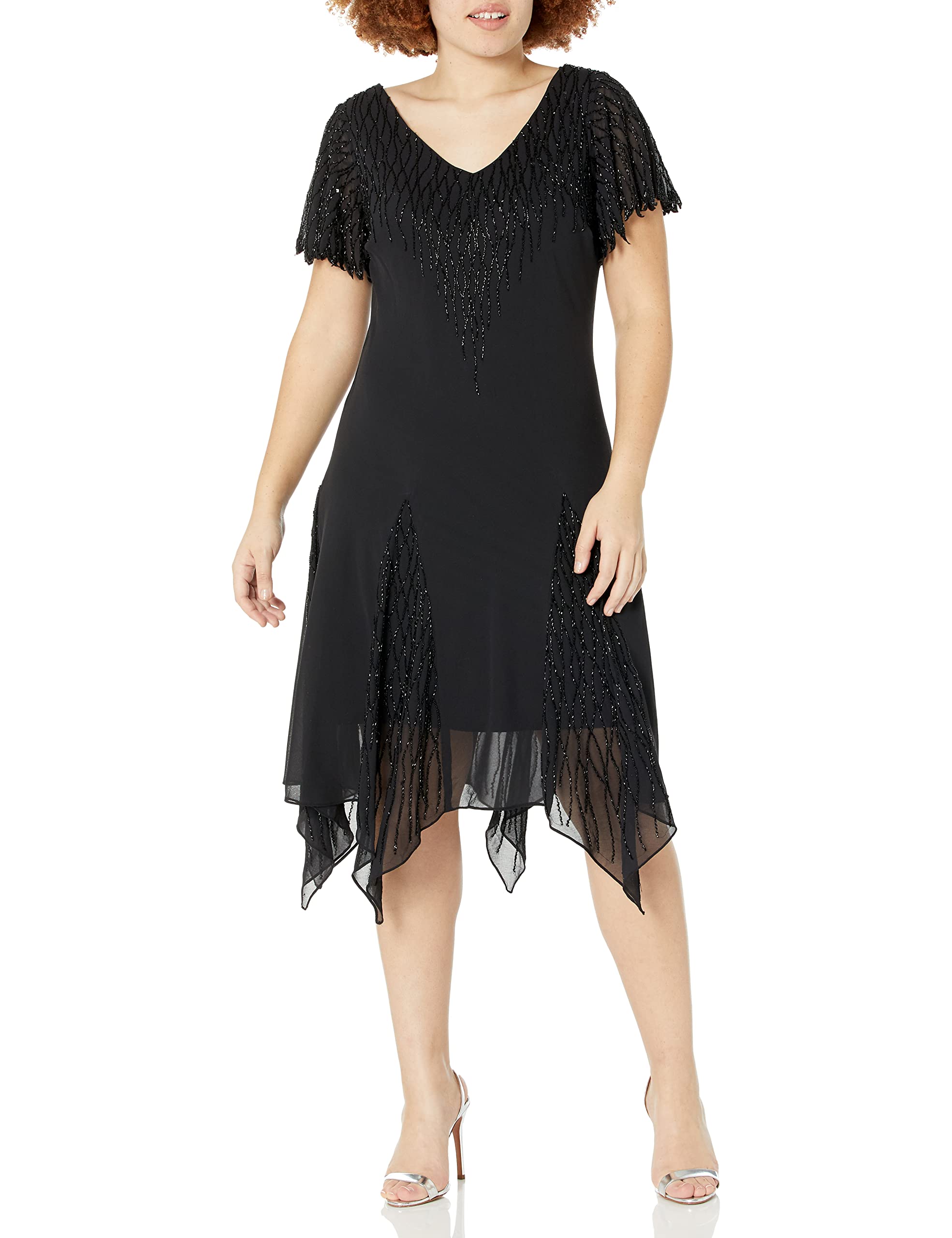 J Kara Women's Plus Size Hanky Hem Beaded Cocktail Dress - Elegant Party & Evening Gown for Special Occasions, Weddings, Prom & Night Out