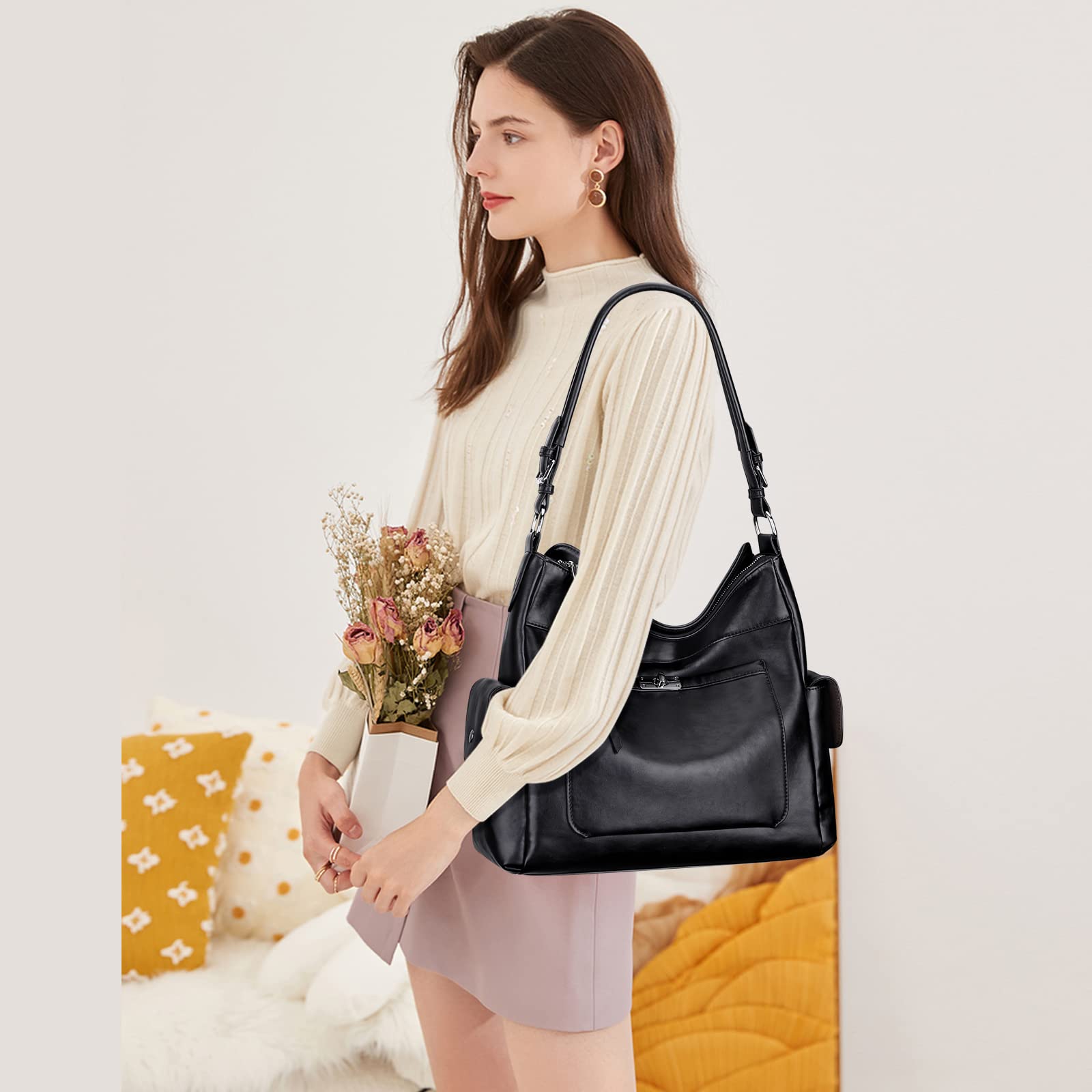 Premium Genuine Leather Hobo Handbags for Women - Stylish Shoulder & Crossbody Purse (O116E-2G Black) | Perfect for Work, Travel & Everyday Use