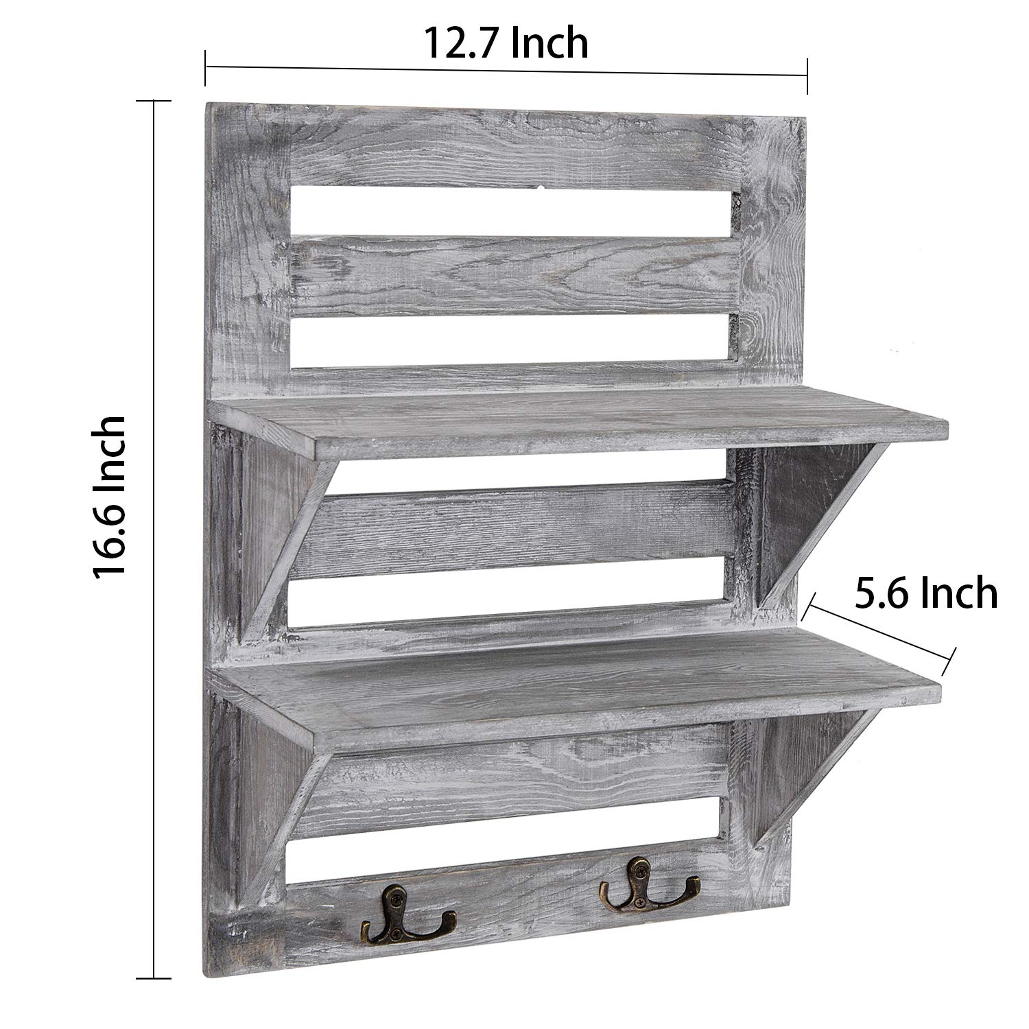 Rustic Wooden Wall Mounted Organizer Shelf with 2 Hooks - 2-Tier Storage Rack for Kitchen, Bathroom & Living Room - Farmhouse Decor in Grayish White - Perfect for Organizing Spices, Towels & Decorative Items