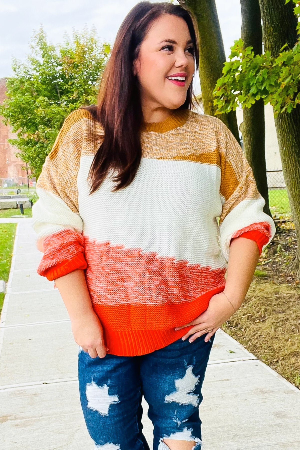 Cute Camel & Orange Color Block Sweater for Women | Cozy Knit Pullover | Perfect for Fall Outfits, Casual Wear & Holiday Gatherings