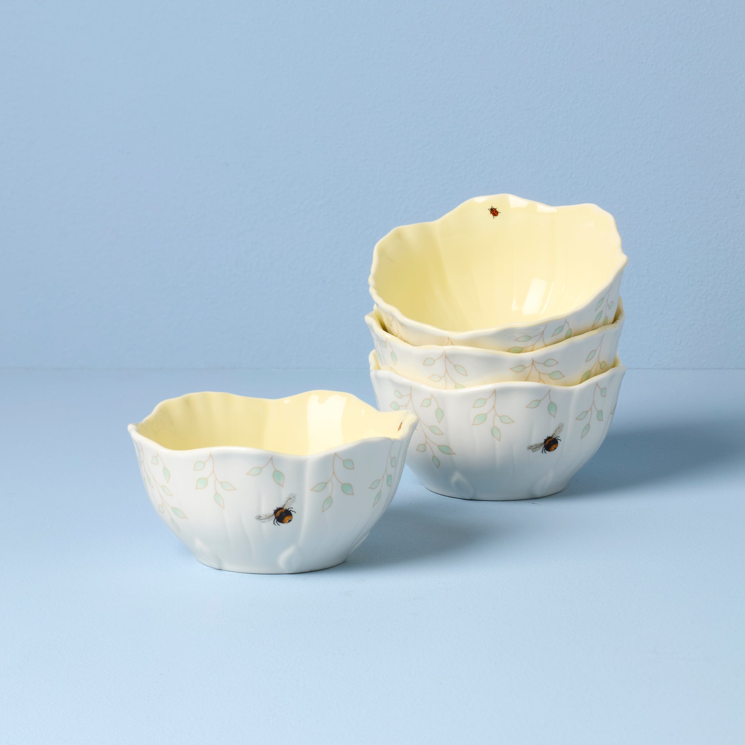 Butterfly Meadow Floral Blue Dessert Bowls Set of 4 - Elegant Porcelain Small Plates for Ice Cream, Pudding & Fruit - Perfect for Parties, Tea Time & Home Decor