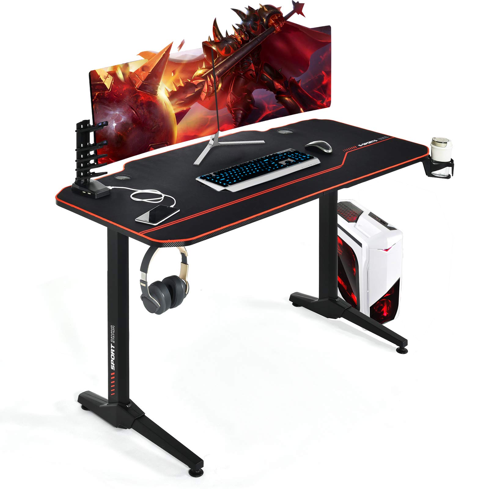POWERSTONE 55 Inch Gaming Desk - Ergonomic Racing Style Computer Desk with Large Mouse Pad, USB Ports, Cup Holder & Headphone Hook - Perfect for PC Gaming Setup, Streaming & Home Office Workstation