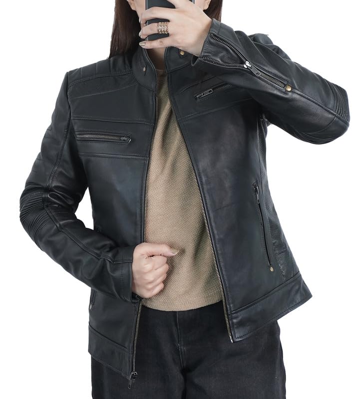 SpazeUp Women's Motorcycle Leather Jacket - Genuine Lambskin Biker Jacket for Women | Perfect for Riding, Street Fashion & Outdoor Adventures