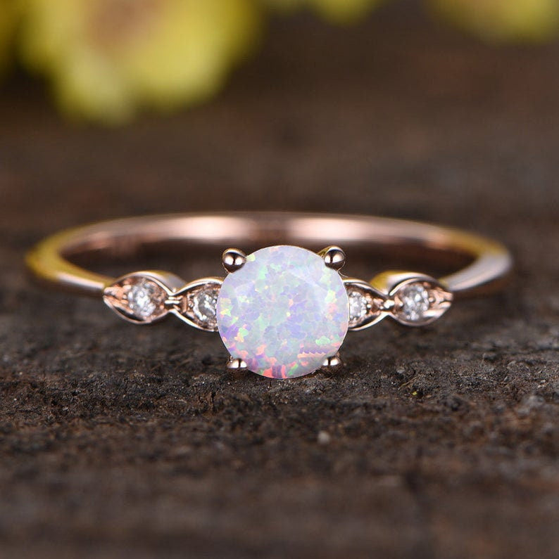 0.5 Carat Round White Opal Engagement Ring with Diamond Accent - Classic Vintage Style for Wedding, Proposal & Anniversary Gifts