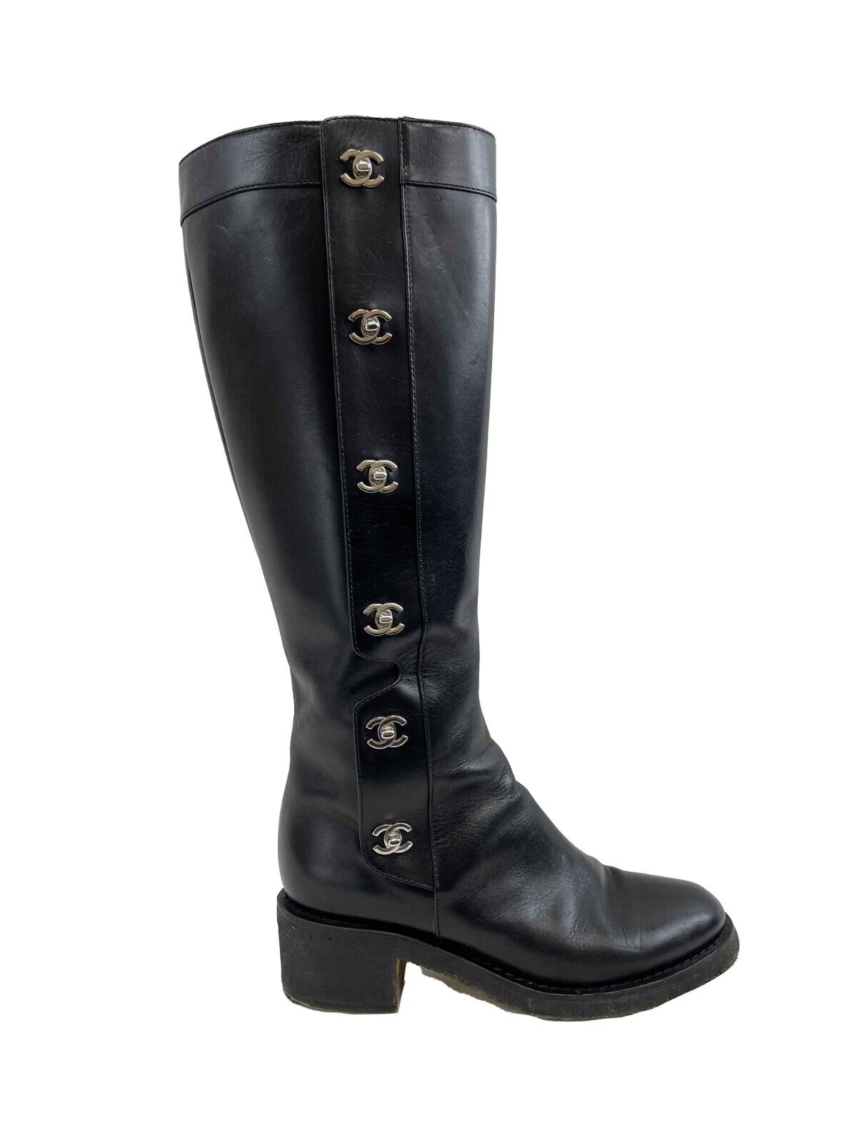 Chanel Black Calfskin Leather CC Turnlock Knee High Boots Size 38.5 (US 8.5) - Luxury Fashion Boots for Women, Perfect for Evening Events & Winter Outfits