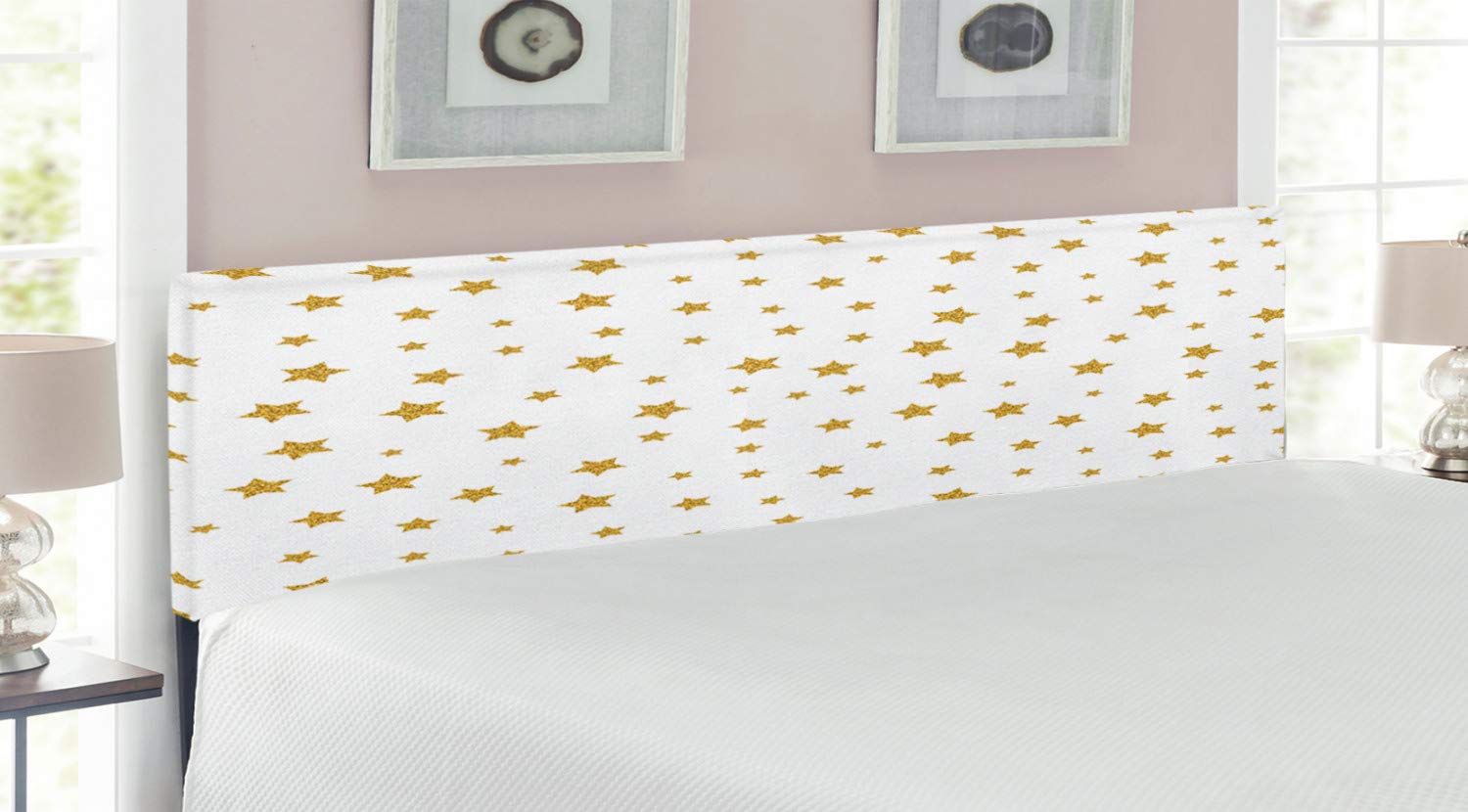 Ambesonne Star Print Upholstered Metal Headboard with Memory Foam - King Size Yellow & White - Space Themed Bedroom Decor for Kids, Teens & Adults - Perfect for Birthday, Bachelorette & Celestial Theme Rooms