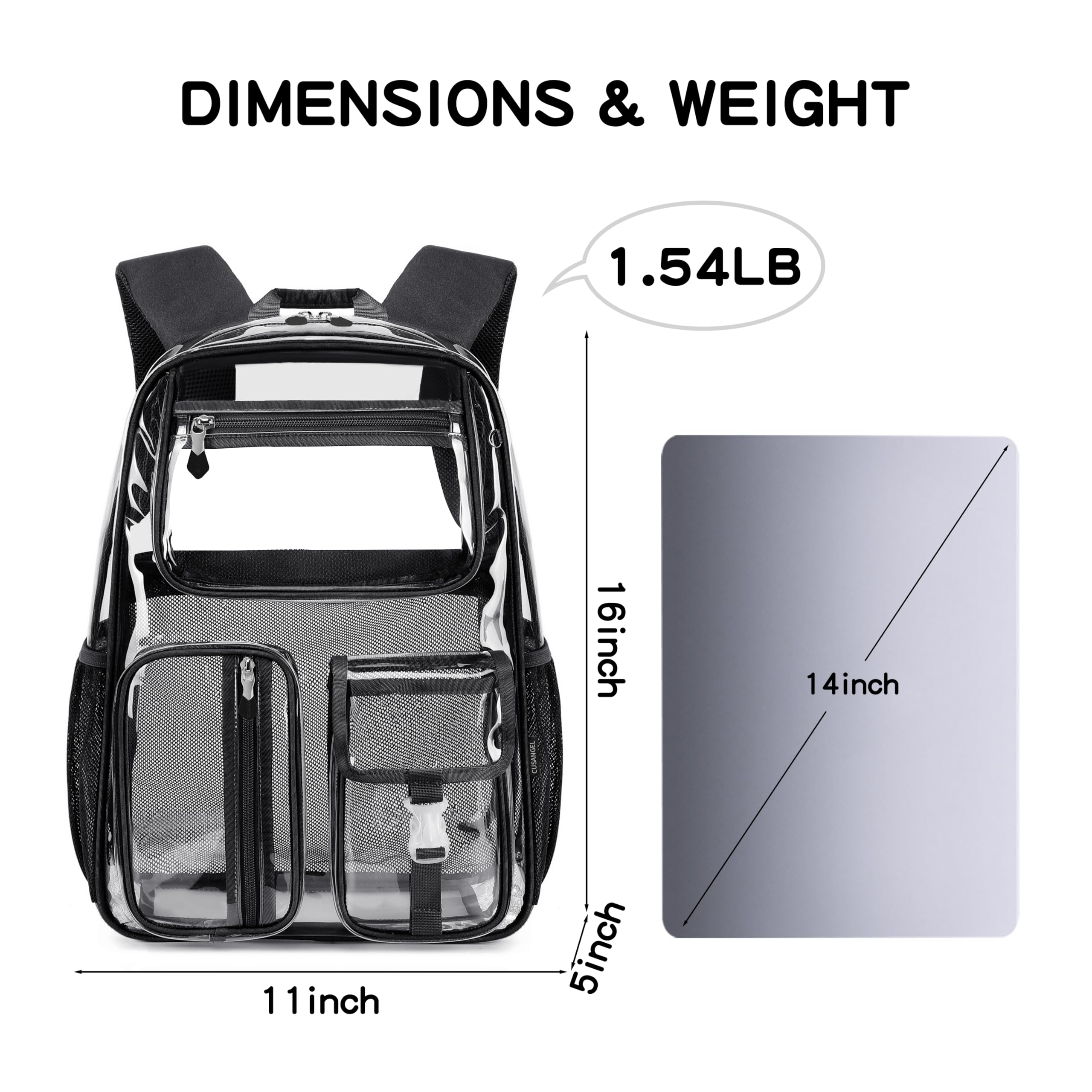 Heavy Duty Clear Backpack - 16 x 11 x 5 Inch TPU Large Capacity See Through Bookbag for Sports Events, Concerts, Travel & School - Waterproof & Durable (Black)