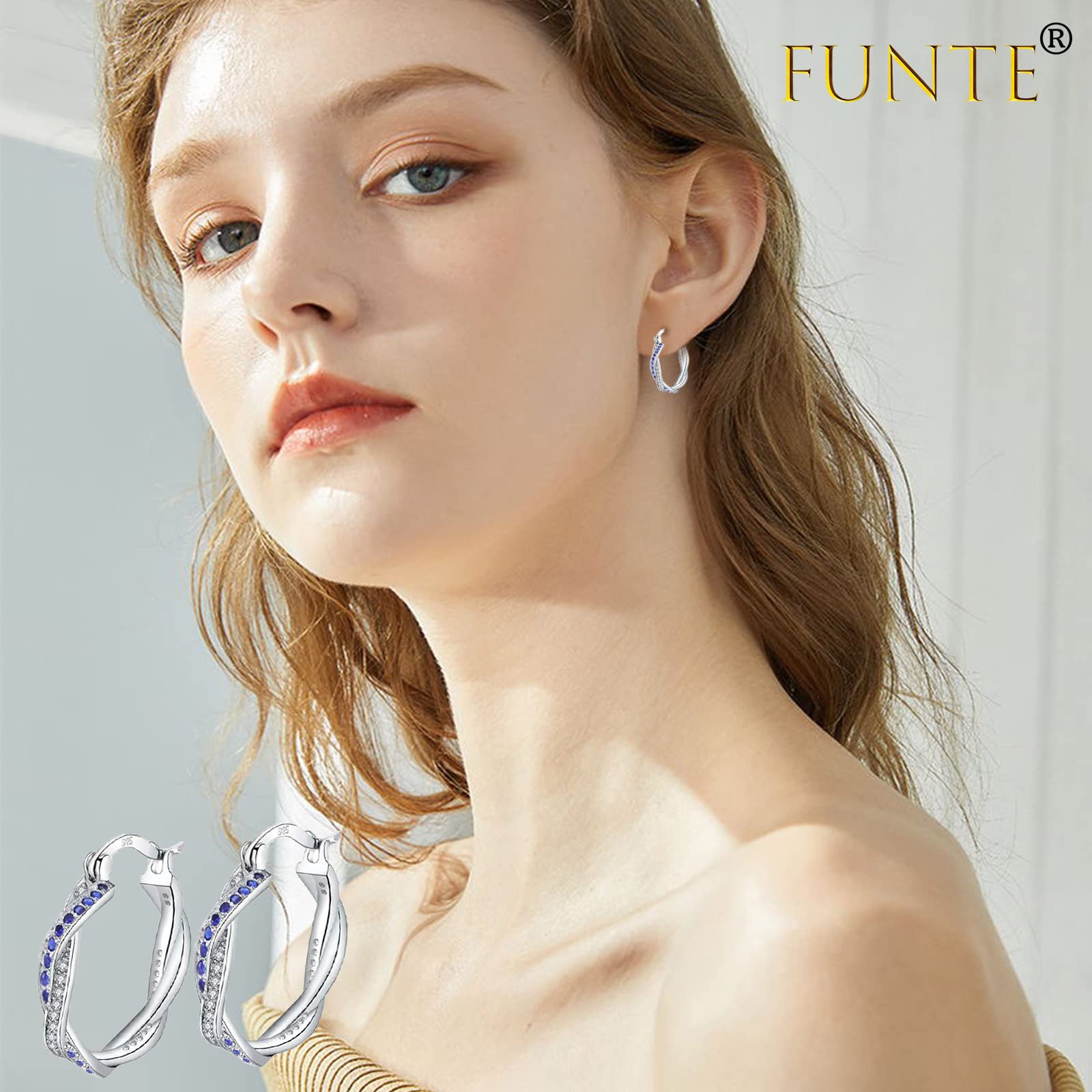 FUNTE® 925 Sterling Silver Hoop Earrings for Women - Lightweight Twisted Hoops with Cubic Zirconia, 20MM/30MM Size Options | Elegant Everyday Jewelry, Perfect for Office, Date Night & Special Occasions