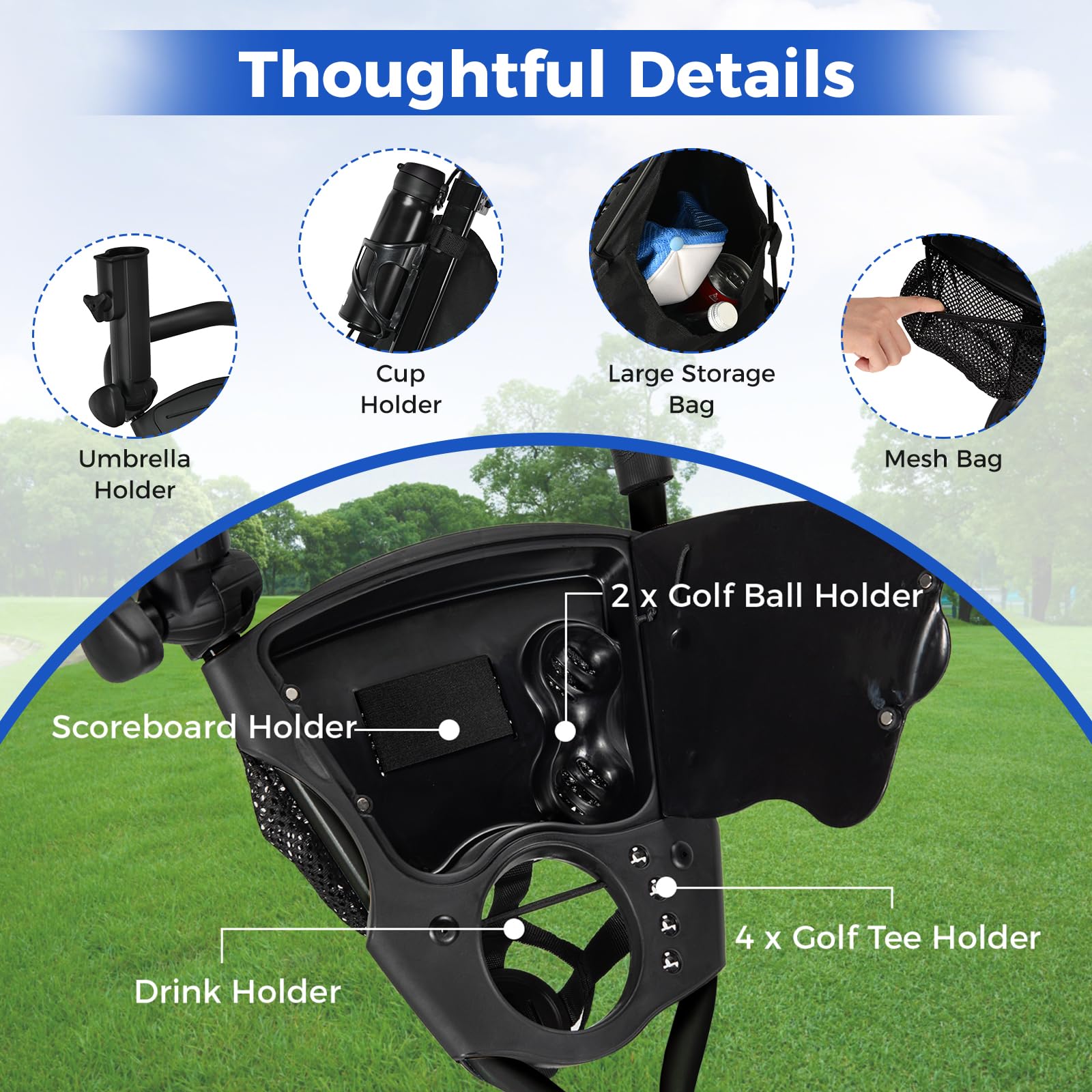 ULTIMATE 3 Wheel Golf Push Pull Cart - Foldable Lightweight Golf Bag Trolley with Adjustable Seat, Handle & Foot Brake | Includes Scorecard Holder, Umbrella Holder, Cup Holder & Storage Bag | Perfect for Golf Courses, Driving Ranges & Outdoor Practice