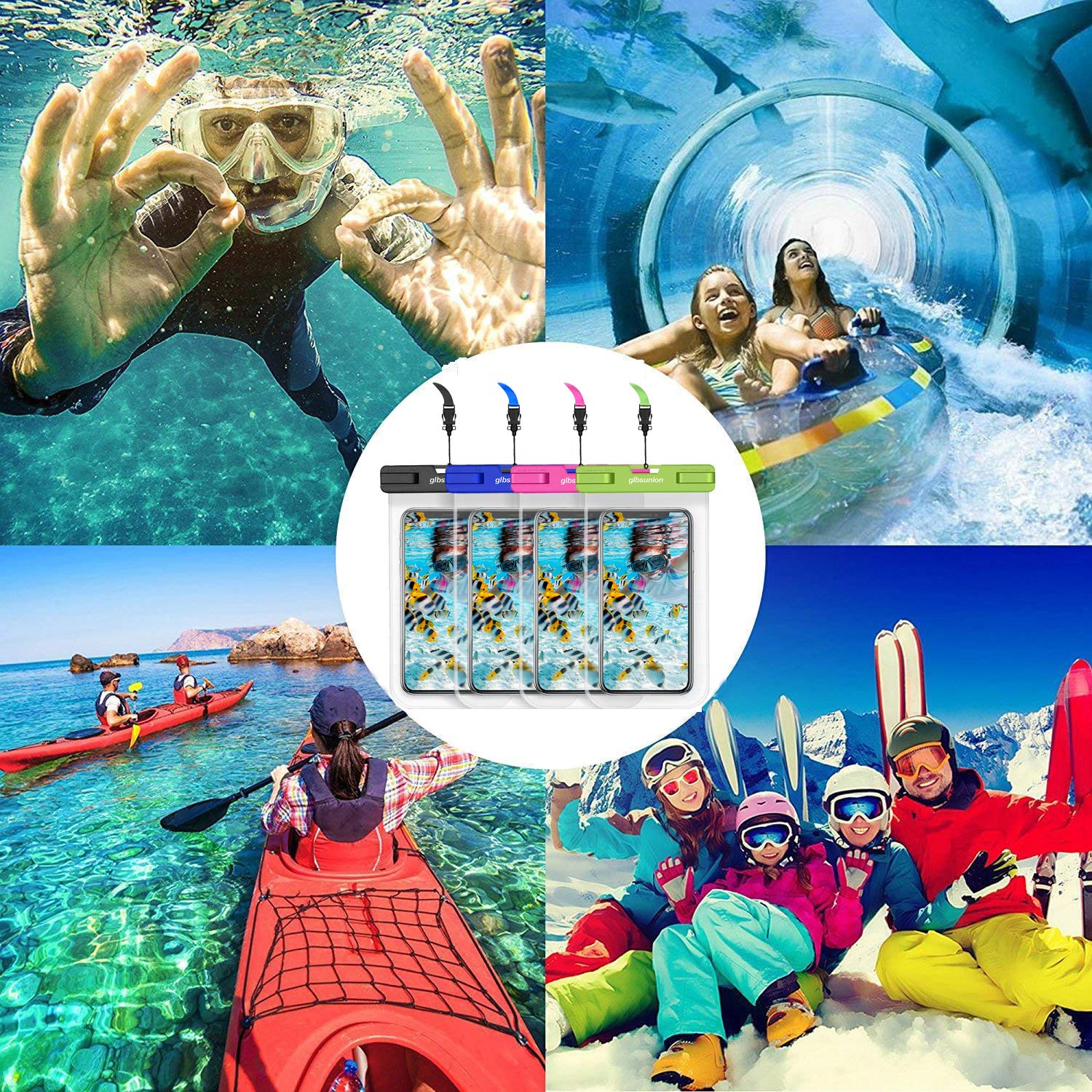 GLBSUNION 4-Pack Universal Waterproof Phone Case IPX8 Underwater Dry Bag - Compatible with iPhone 15 14 13 12 Pro Max, Galaxy S24/S23, Google Pixel (Up to 7.5 Inch) - Perfect for Swimming, Beach, Travel & Bathing