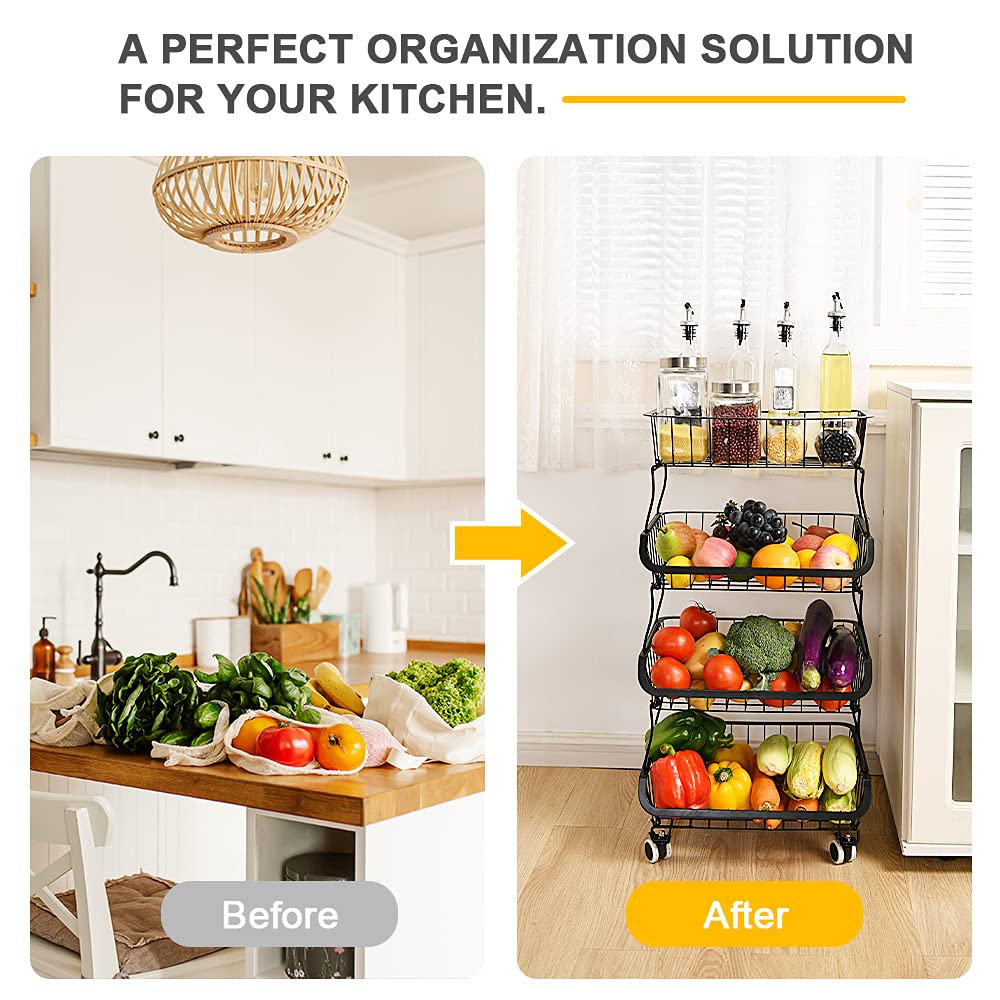 4-Tier Stackable Metal Wire Storage Basket with Wheels - Organizer for Fruits, Vegetables, Kitchen, Pantry & Bathroom - Perfect for Grocery Storage, Home Organization & Small Space Saving
