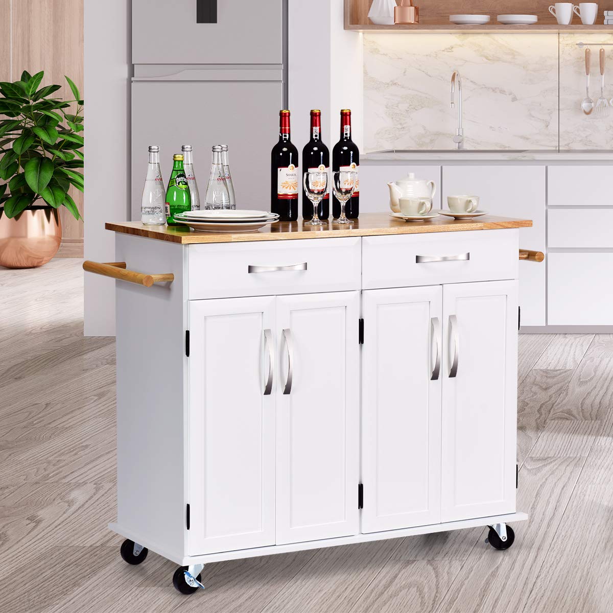 Giantex Kitchen Trolley Cart with Rubber Wood Top - Rolling Utility Island with Large Storage & Lockable Wheels - Easy to Clean Mobile Kitchen Cart for Home, Restaurant, or Office (White) - Perfect for Food Prep, Serving, and Extra Counter Space