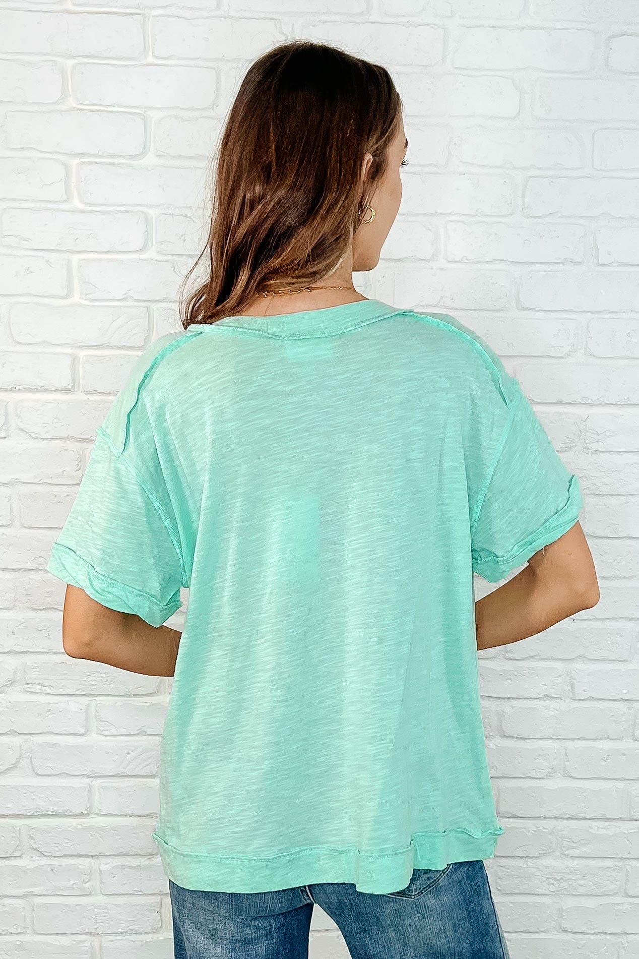 Drop Shoulder V Neck T-Shirt for Women - Soft Cotton Basic Tee in Mint Green | Casual Everyday Wear, Layering, Street Style Outfits