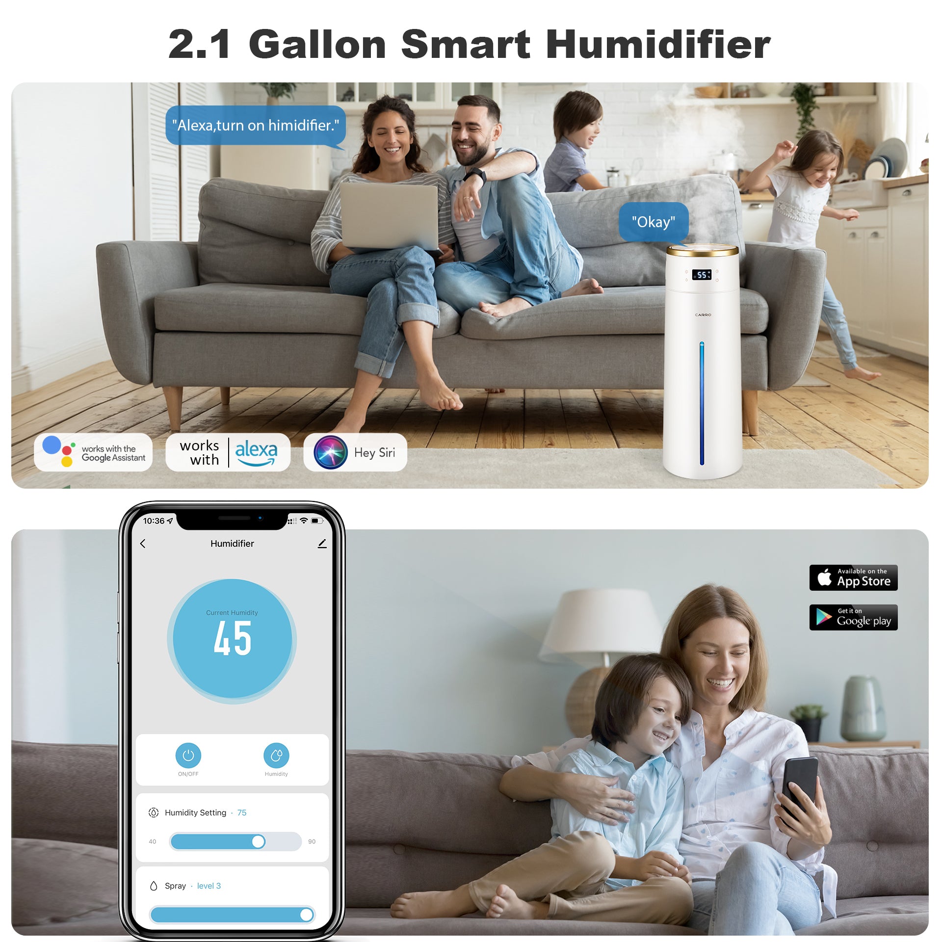 Smart Humidifier 2.1 Gal Top Fill Cool Mist - Large Room Ultrasonic Humidifier for Bedroom, Nursery & Office - Quiet Air Moisturizer for Baby, Plants & Dry Skin Relief