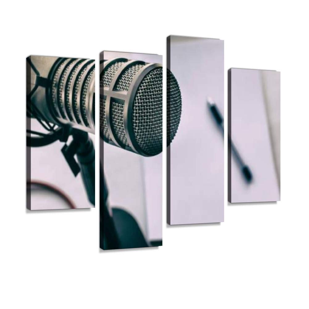 IGOONE 4-Panel Canvas Wall Art - Professional Microphone & Vinyl Record Music Decor - Framed Ready to Hang Modern Paintings for Living Room, Bedroom & Office Decor | Perfect Gift for Music Lovers