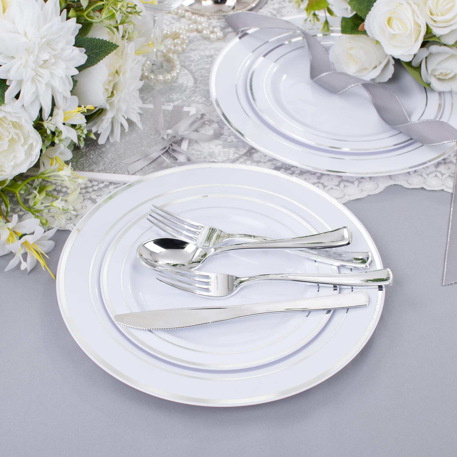 300-Piece Silver Plastic Dinnerware Set - 60 Disposable 10.25