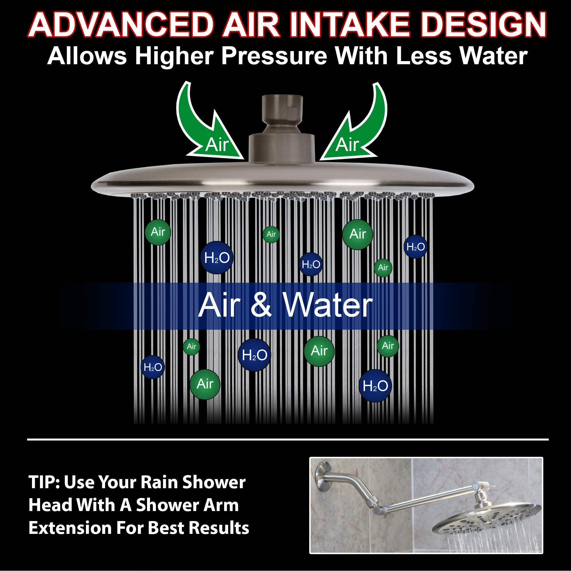 Luxury 9 Inch Rain Shower Head with Water Filter - Removes Chlorine, 12 Inch Shower Arm & Flange, 1.8 GPM Brushed Nickel - Perfect for Spa-Like Bathroom Experience & Skin Protection