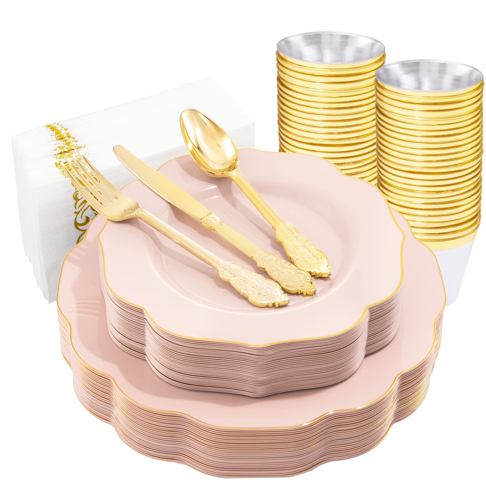 NOCCUR 175-Piece Pink Plastic Party Tableware Set - 50 Disposable Plates, 25 Forks, 25 Knives, 25 Spoons, 25 Cups & 25 Napkins - Elegant Gold Trim - Perfect for Weddings, Baby Showers, Birthday Parties & Bridal Showers - Great for Indoor/Outdoor Events & Catering