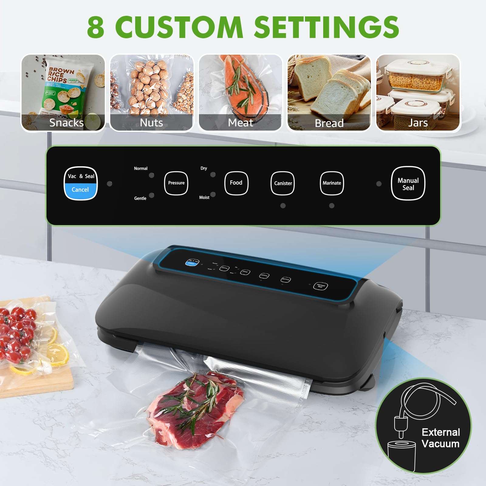 Powerful 80kPa Vacuum Sealer Machine with Roll Storage & Built-in Cutter - Multi-Functional Food Preservation System for Sous Vide, Meal Prep, Freezing & Fresh Food Storage | Includes Bags & Accessory Hose | Compact Black Design for Kitchen Countertop & Pantry Organization