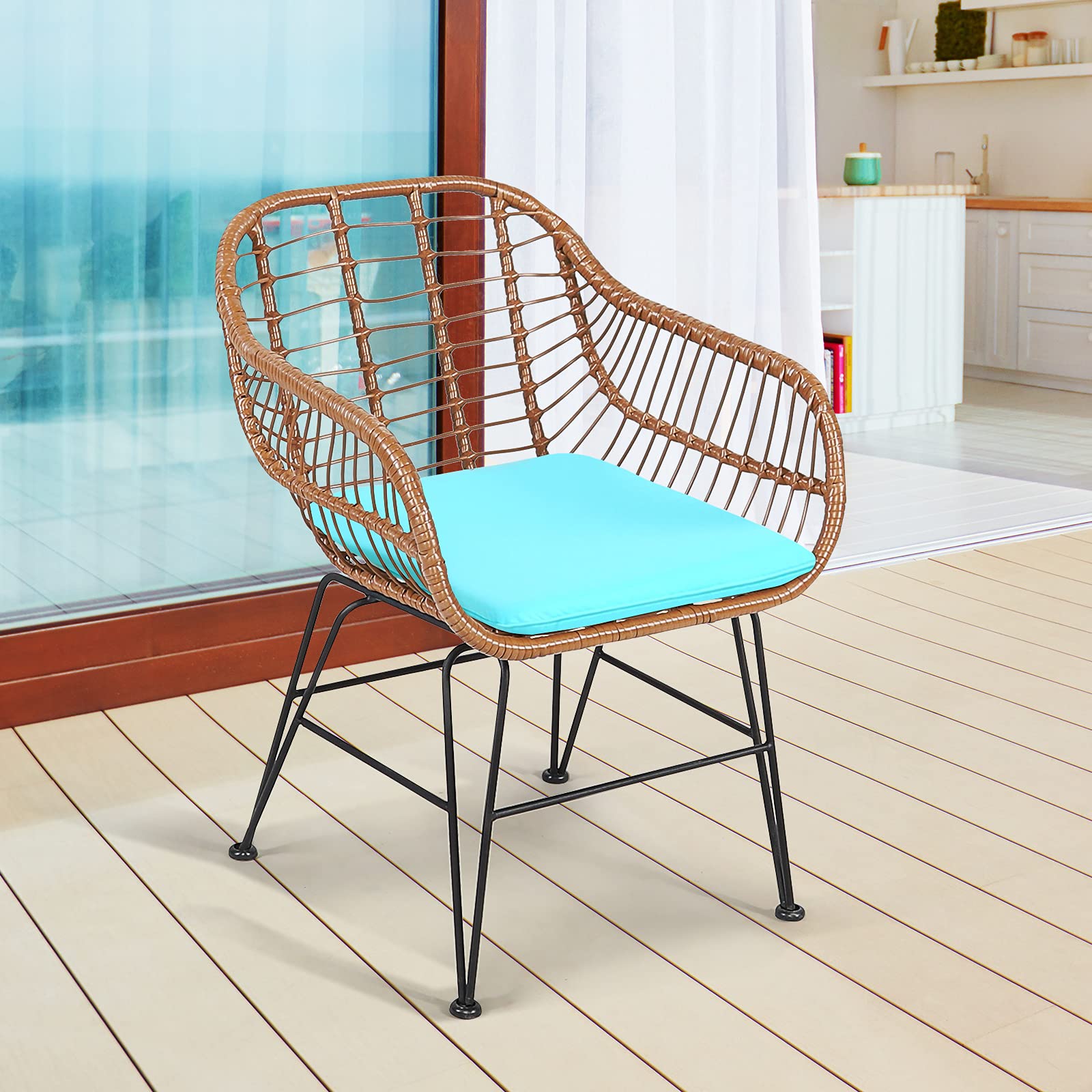 RELAX4LIFE 3-Piece Outdoor Rattan Bistro Set with Tempered Glass Table & 2 Armchairs - Patio, Porch, Garden Furniture for Relaxing, Entertaining & Dining (Turquoise)
