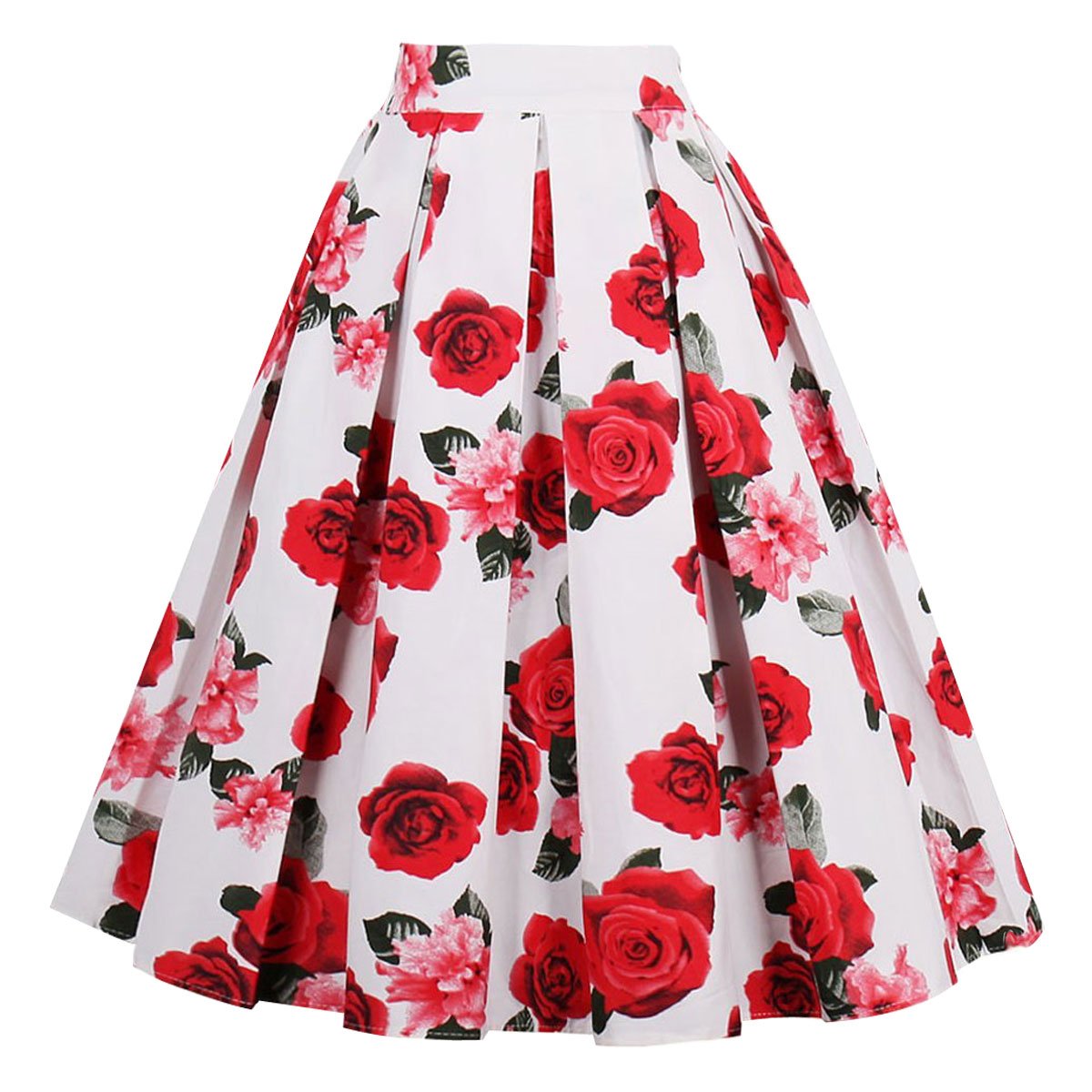 Vintage Floral Print Pleated A-Line Midi Skirt for Women with Pockets - Retro Style Skirt for Casual Outfits, Office Wear & Spring Summer Fashion