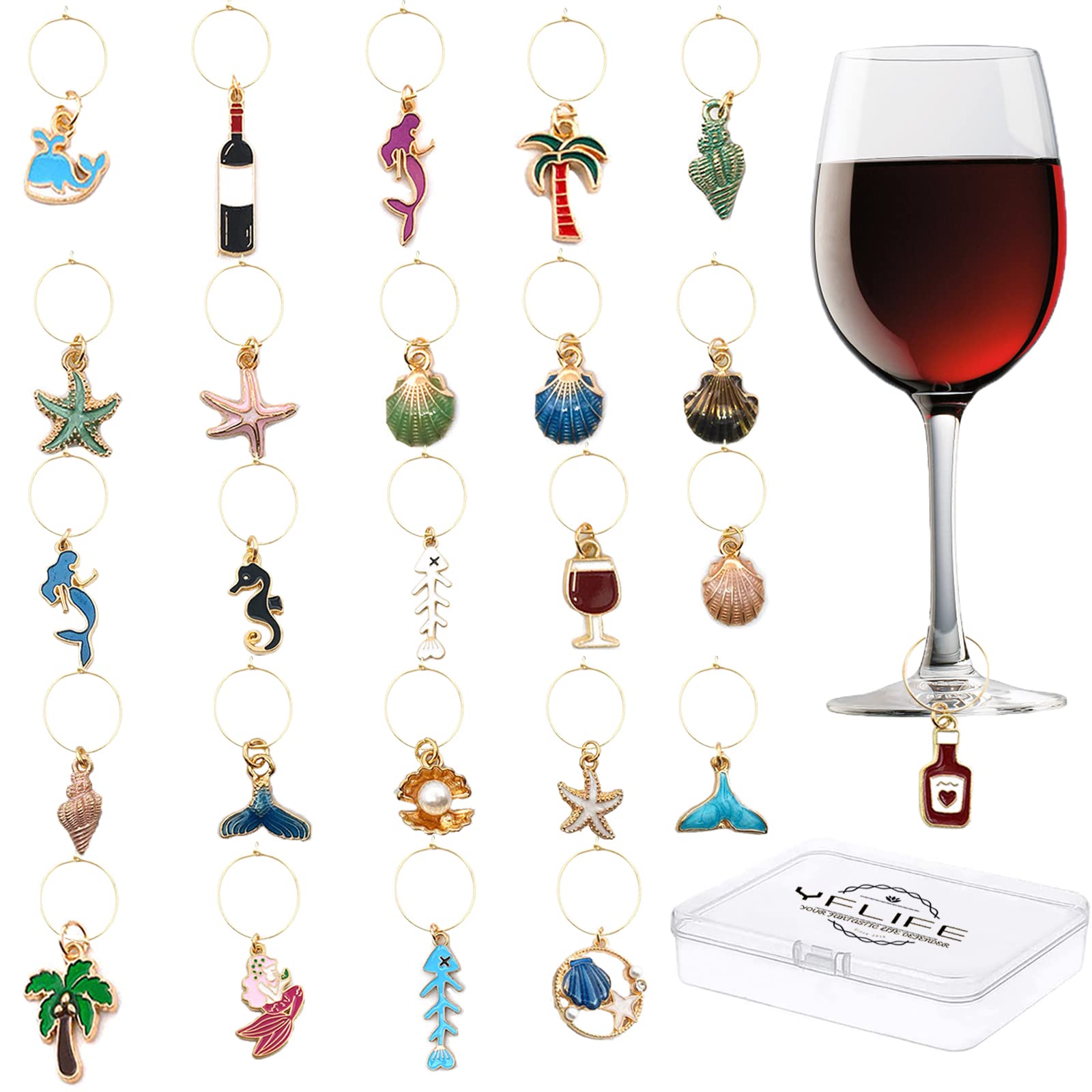25-Piece Wine Glass Charms Set with Storage Box - Elegant Drink Markers for Wine Tasting Parties, Stemware Identification - Perfect for Weddings, Brunches & Holiday Gatherings