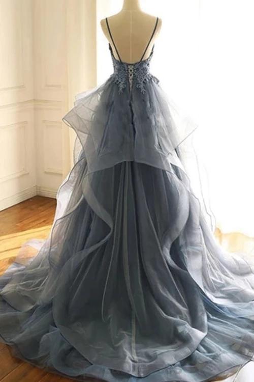 Elegant Dusty Blue V-Neck Spaghetti Strap Lace Beaded Prom Dress | Formal Evening Gown for Homecoming, Wedding, Party | Style 12170