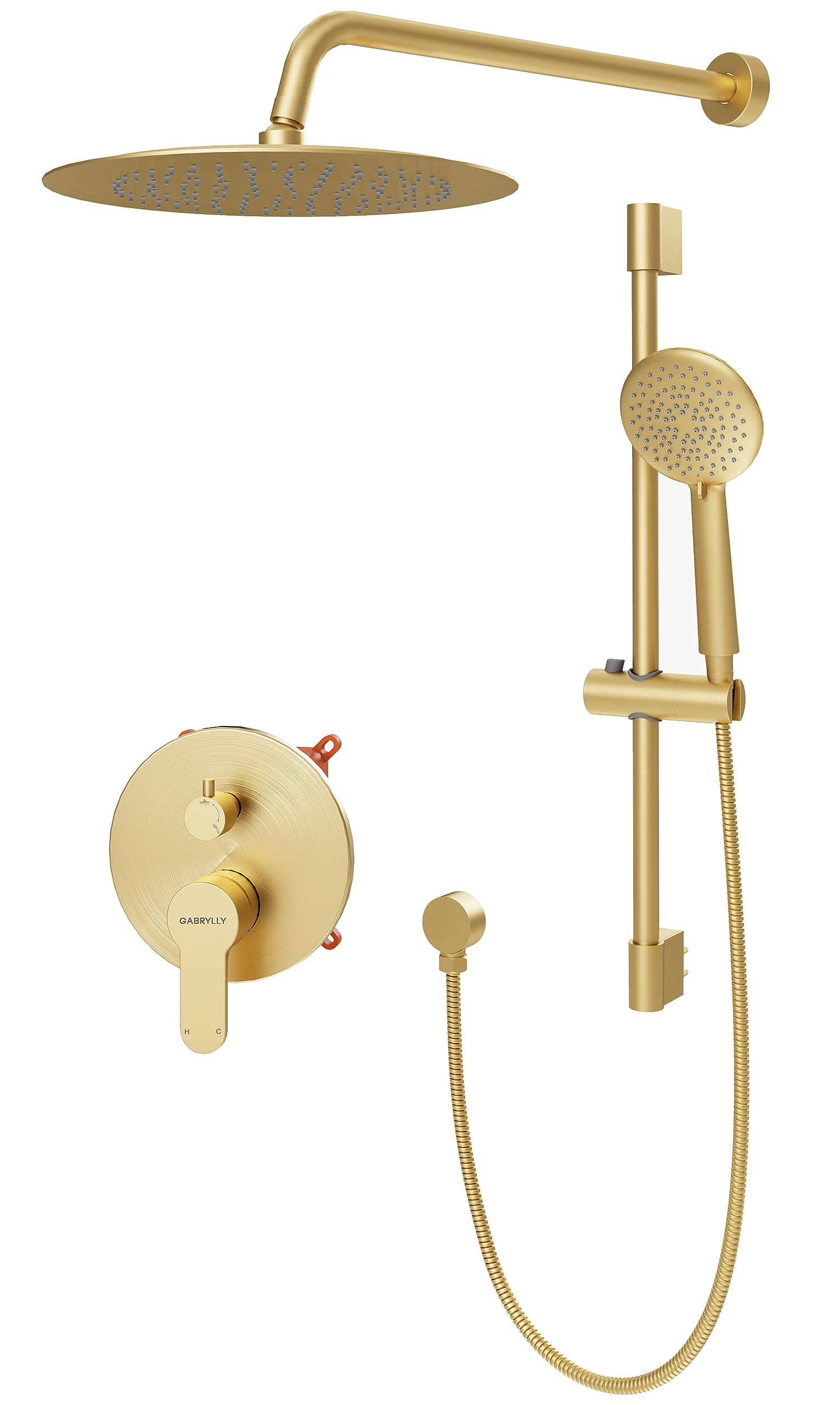 Gabrylly Gold Wall Mounted Shower System - 8 Inch Rainfall Shower Head & 5-Setting Handheld Shower Combo with Slide Bar and Valve - Luxury Bathroom Upgrade for Spa-Like Experience