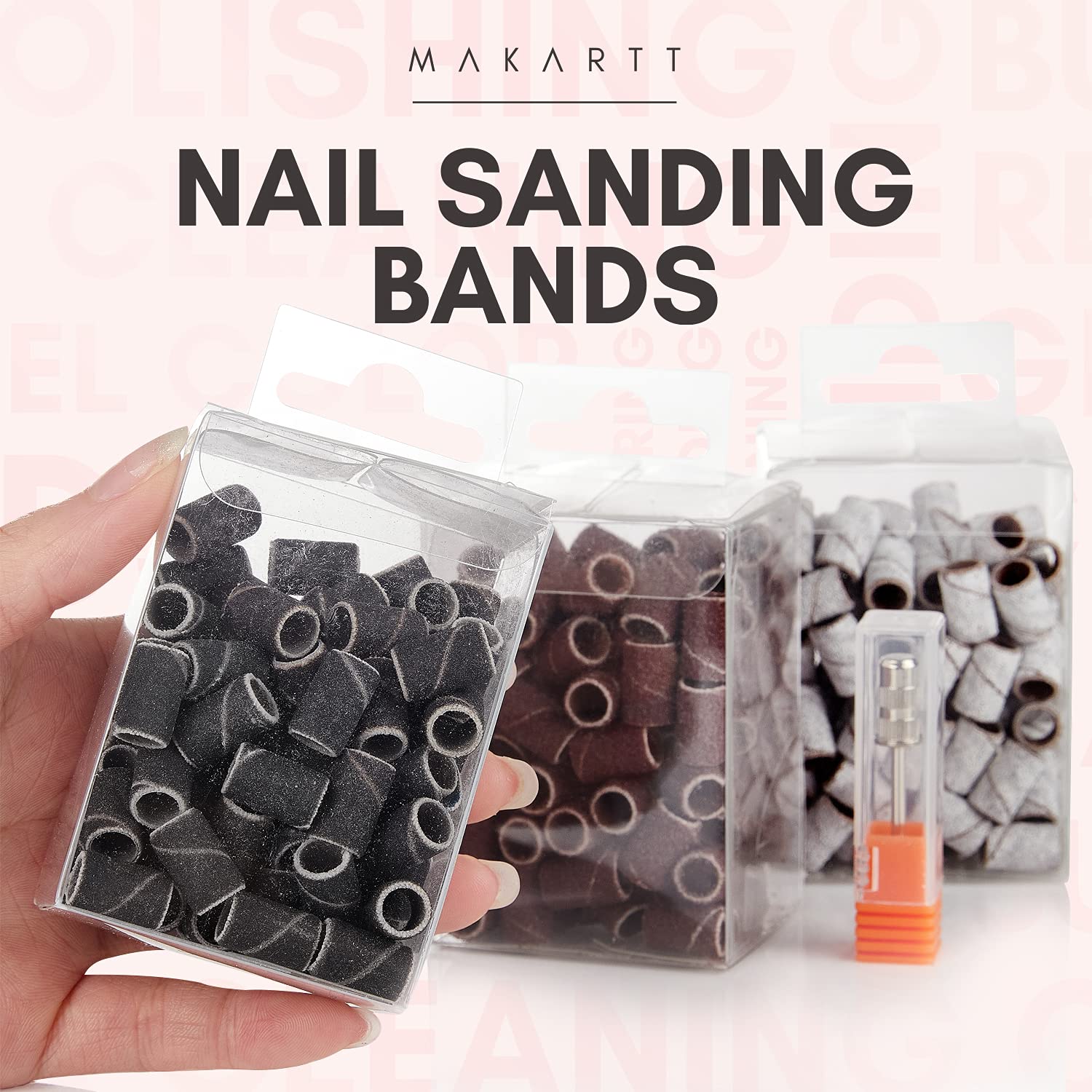 Makartt 7Pcs Professional Nail Drill Bits Set - Tungsten Carbide, Diamond & Ceramic Bits for Acrylic Nails, Includes 3/32 Drill Bits & 300Pcs Sanding Bands (#80#150#240 Grits) - Perfect for Salon, Home Manicure & Nail Art