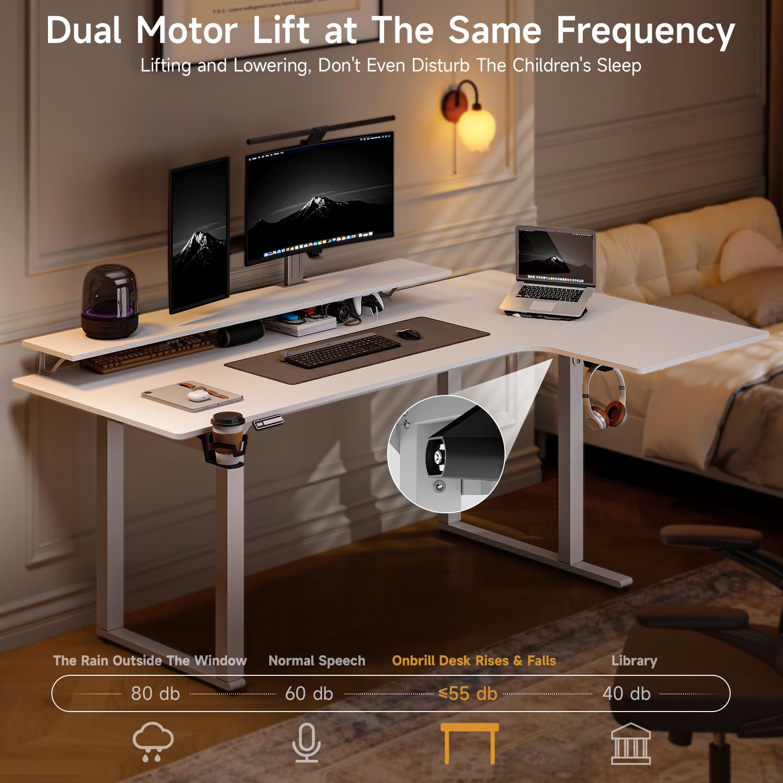 Electric L-Shaped Standing Desk 71x43 Inches - Dual Motor Adjustable Height (28-46