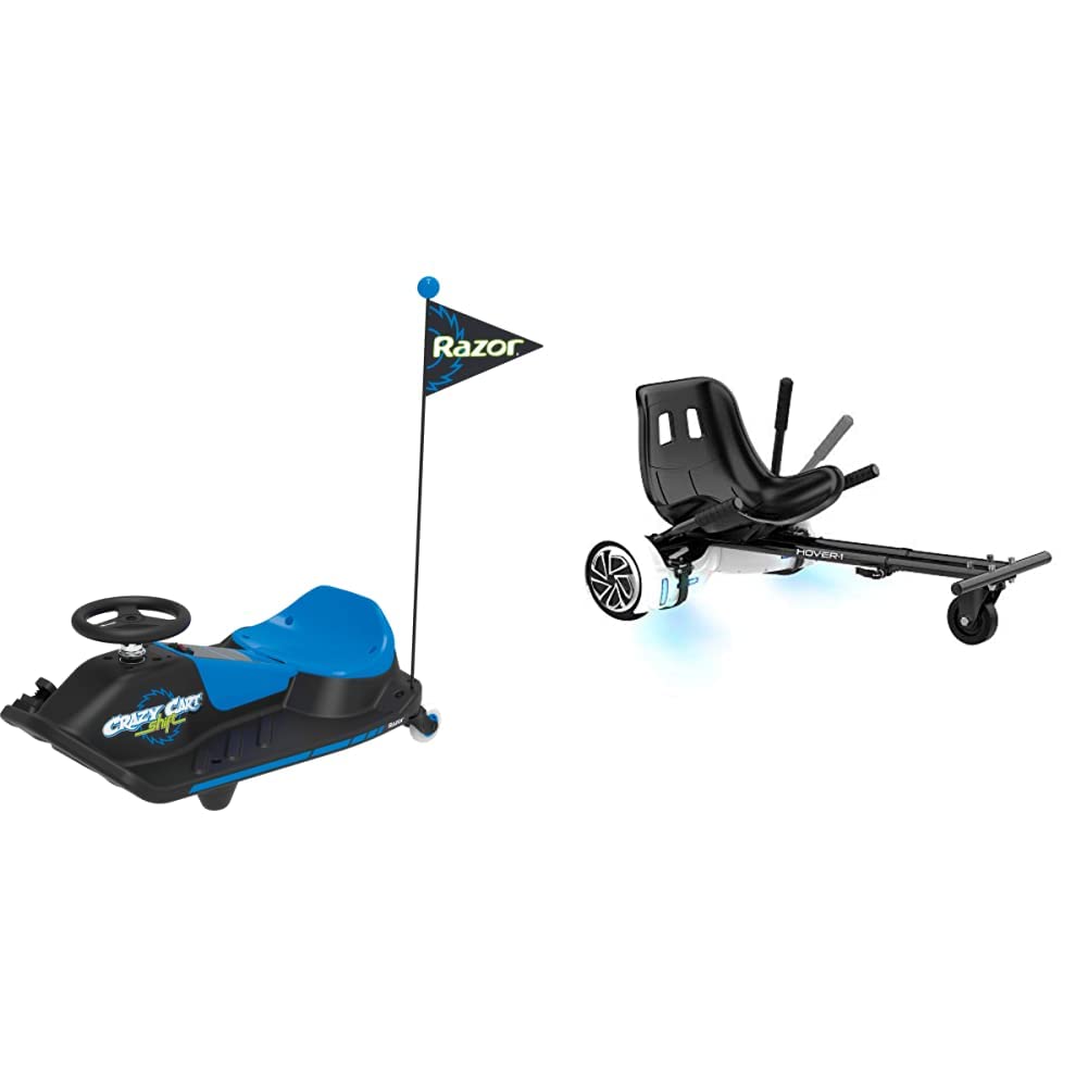 **Razor Crazy Cart Shift Electric Drifting Go Kart for Kids Ages 6+ (Low Speed) & 8+ (High Speed) - 12V Battery, High/Low Speed Switch, Easy Drift System - Max 120 lbs, Black/Blue | Hover-1 Buggy Attachment for 6.5