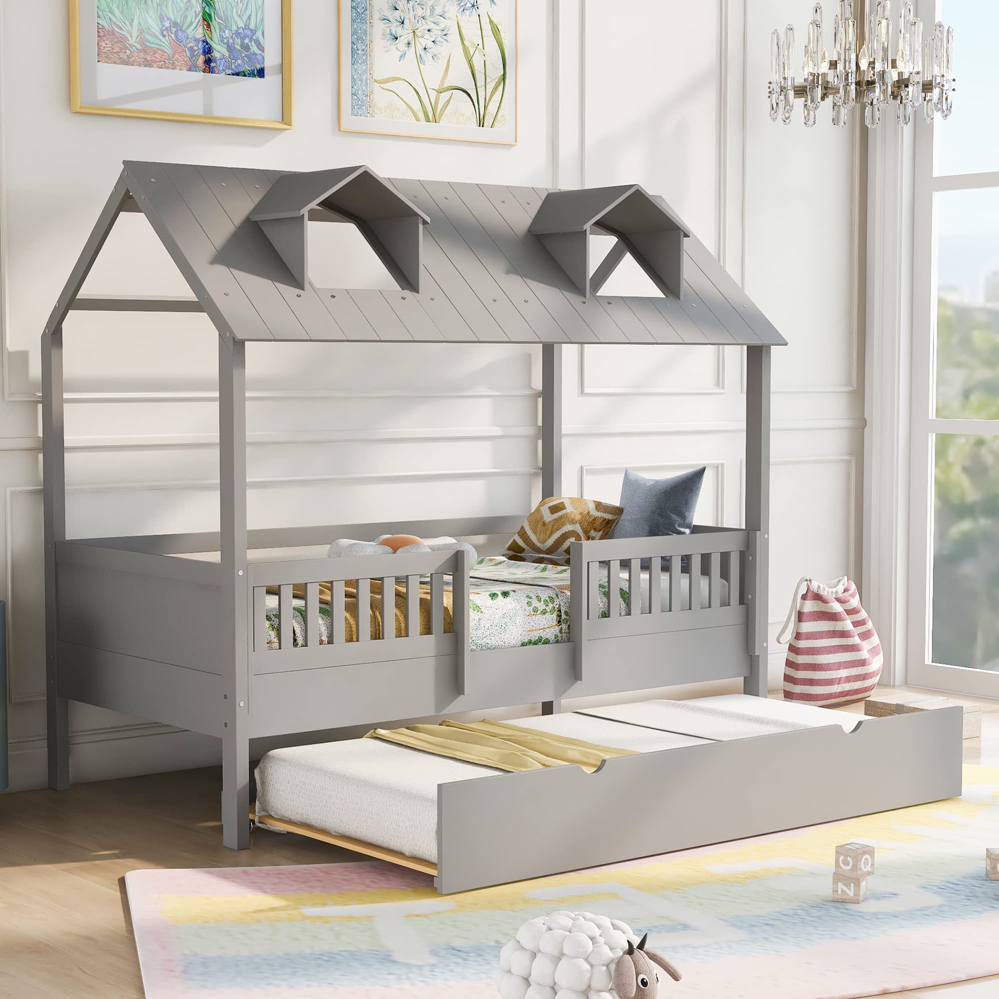 Twin Size Wooden House Bed for Kids - Playhouse Bed Frame with Trundle for Girls & Boys, No Box Spring Needed, Gray - Perfect for Bedrooms, Playrooms & Sleepovers