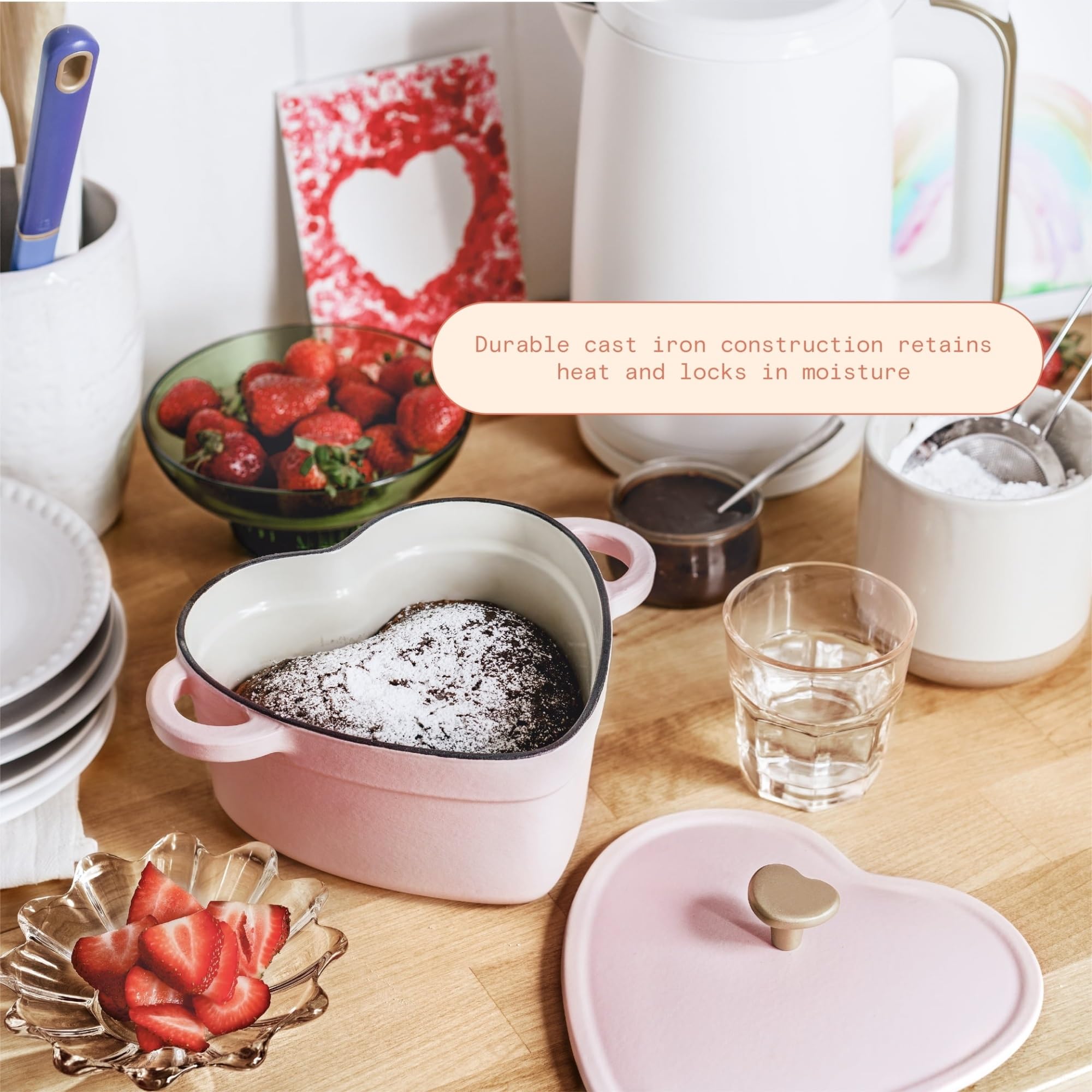 2-Quart Pink Champagne Cast Iron Dutch Oven with Lid - Romantic Heart Design - Perfect for Baking, Stewing & Serving - Valentine's Gift, Anniversary Present & Kitchen Essential