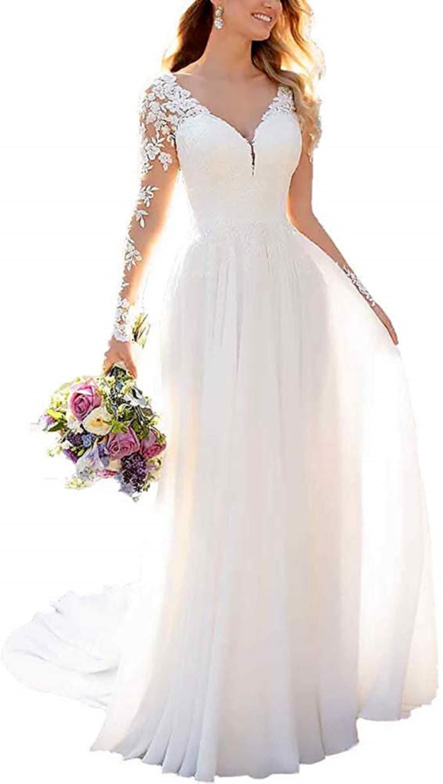 Clothfun Women's Lace Mermaid Beach Wedding Dress 2023 with Long Sleeves - Elegant Bridal Gown for Beach Ceremony, Destination Wedding & Romantic Photoshoot
