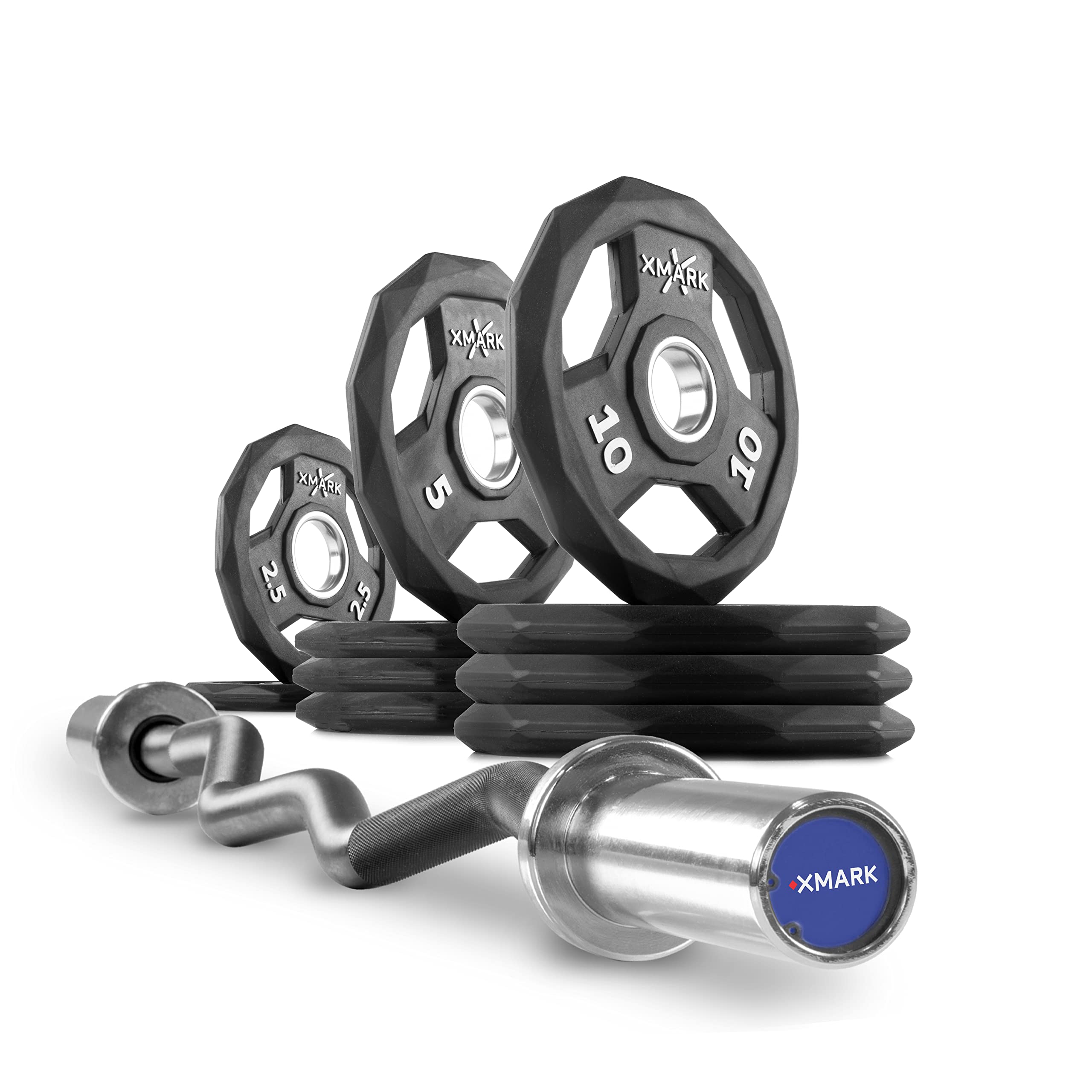 XMark Olympic Barbell & EZ Curl Bar Set with Black Diamond Rubber Coated Weight Plates - Premium 25mm Black Manganese Olympic Weightlifting Equipment for Home Gym & Strength Training