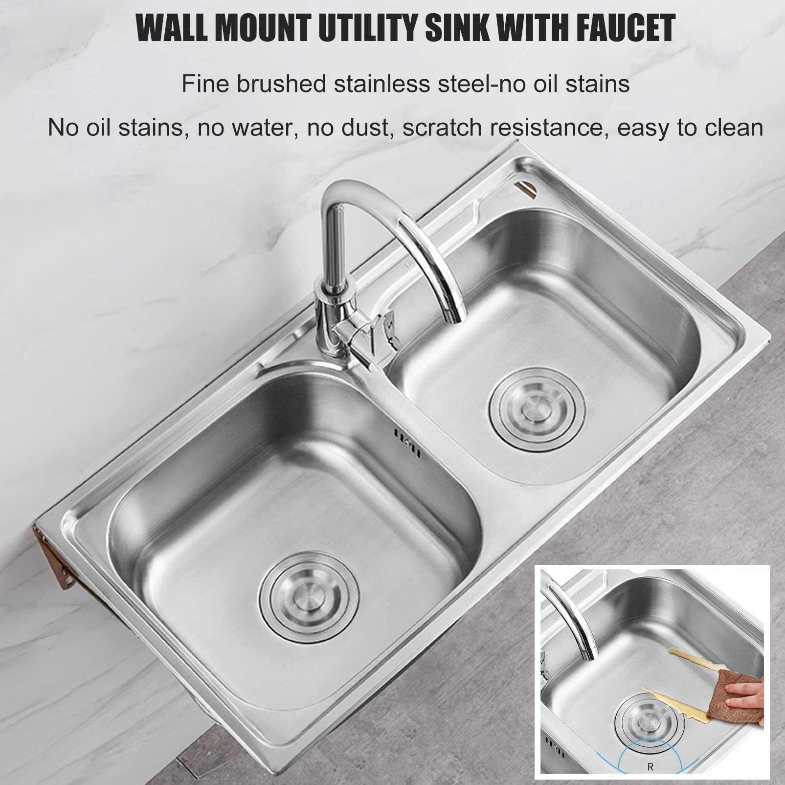 304 Stainless Steel Wall Mount Utility Sink with Faucet - 2-Compartment Laundry Tub & Kitchen Sink for Garage, RV, Restaurant, Outdoor Use - Durable Wash Basin for Commercial & Home Scenarios