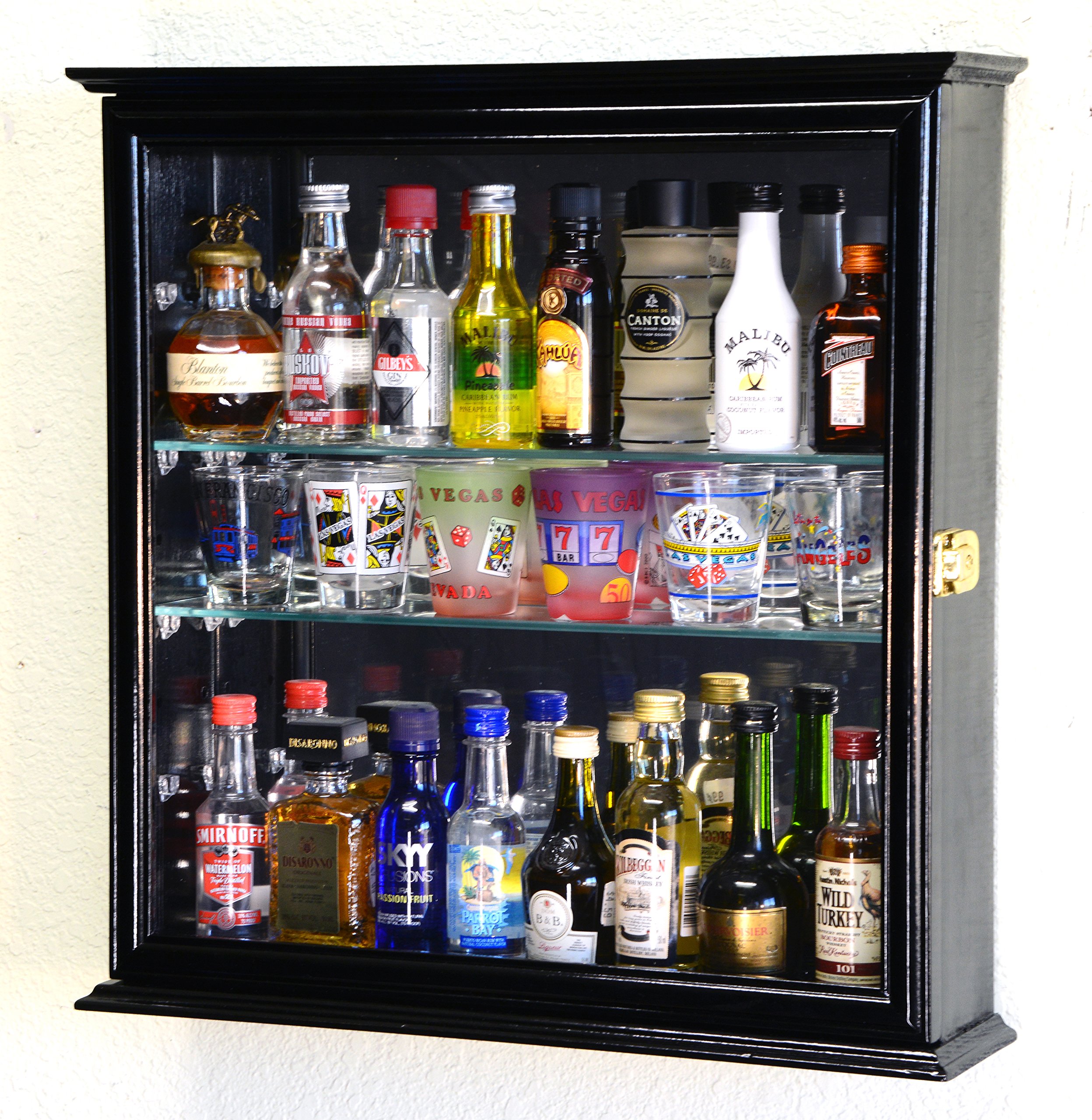 Black Shot Glass Display Case with Mirror Back & 4 Glass Shelves - Wall Mounted Cabinet for Liquor Bottles & Bar Accessories - Perfect for Home Bars, Pubs, and Restaurants