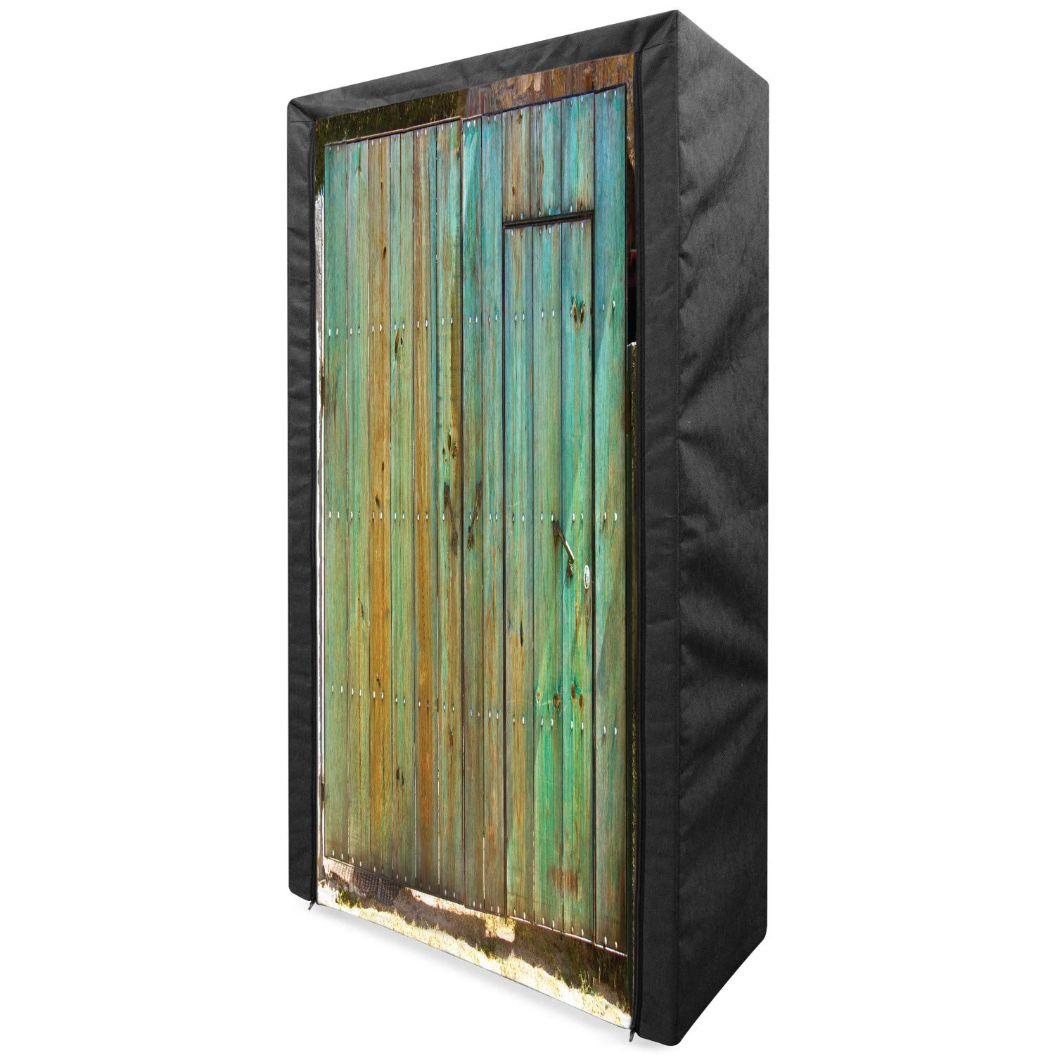 Vintage Portable Fabric Wardrobe with Shelves - Rustic Old Wood Gate Design, Tuscany House Entrance Antique Texture, 33.5